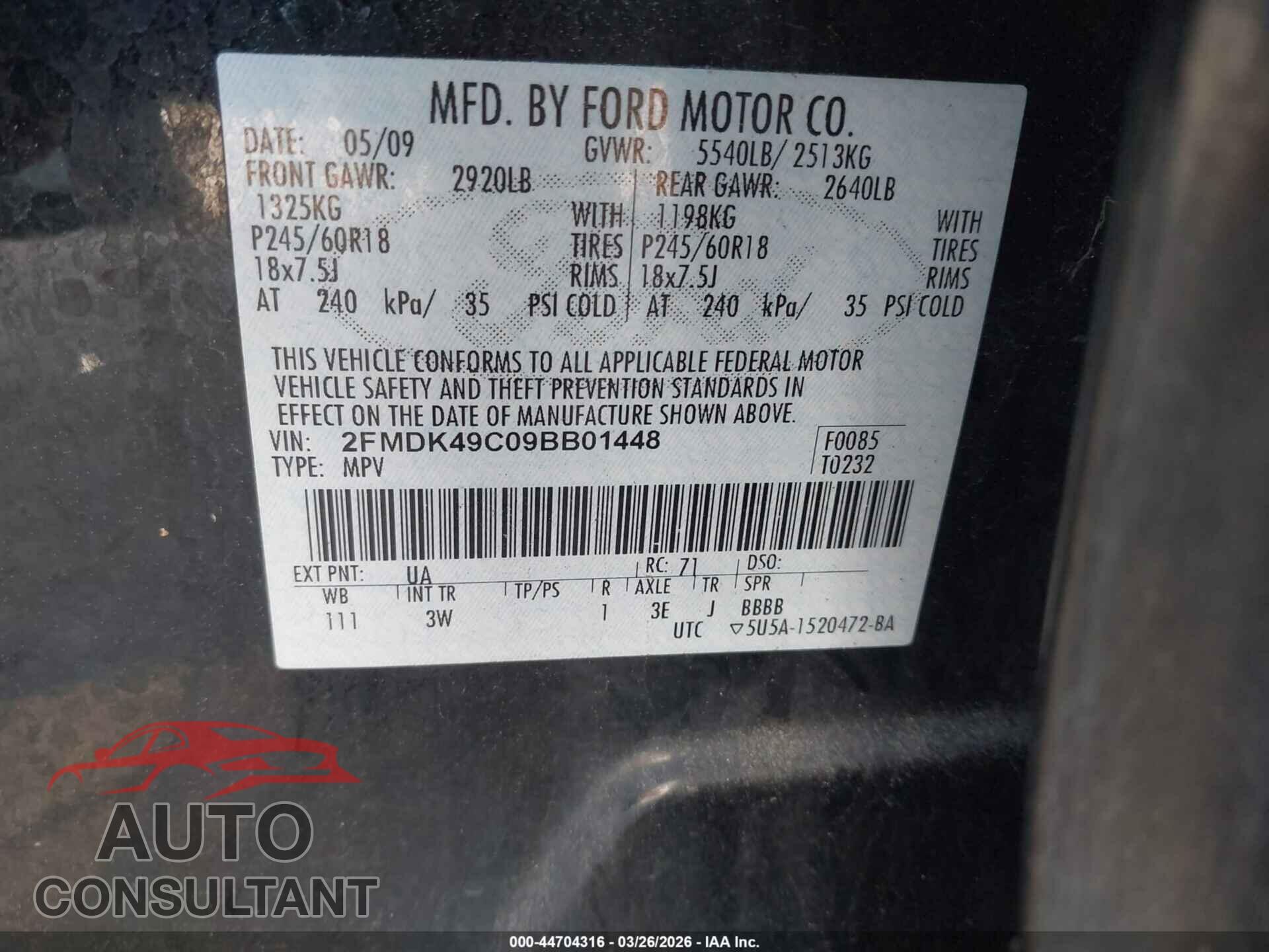 FORD EDGE 2009 - 2FMDK49C09BB01448