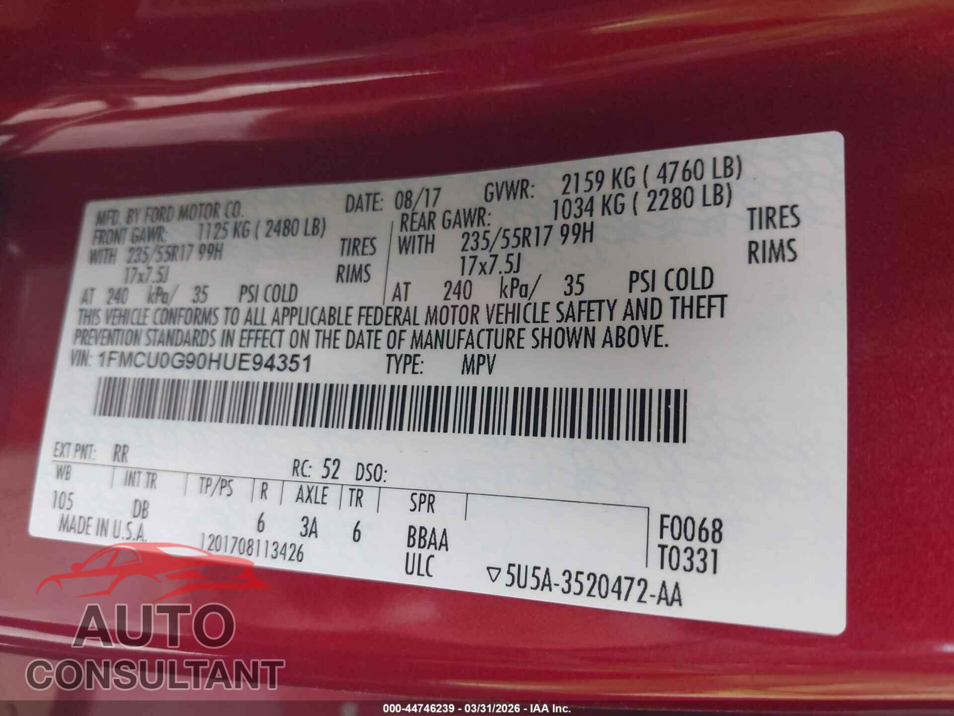 FORD ESCAPE 2017 - 1FMCU0G90HUE94351