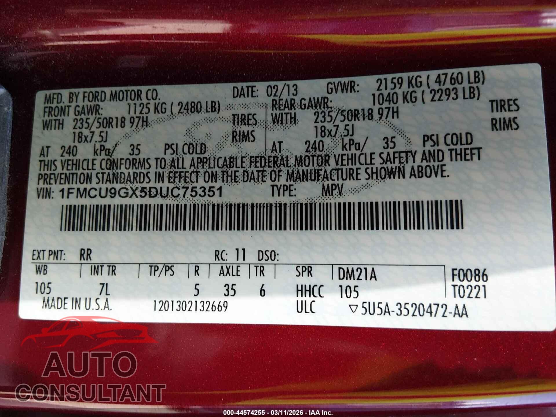FORD ESCAPE 2013 - 1FMCU9GX5DUC75351