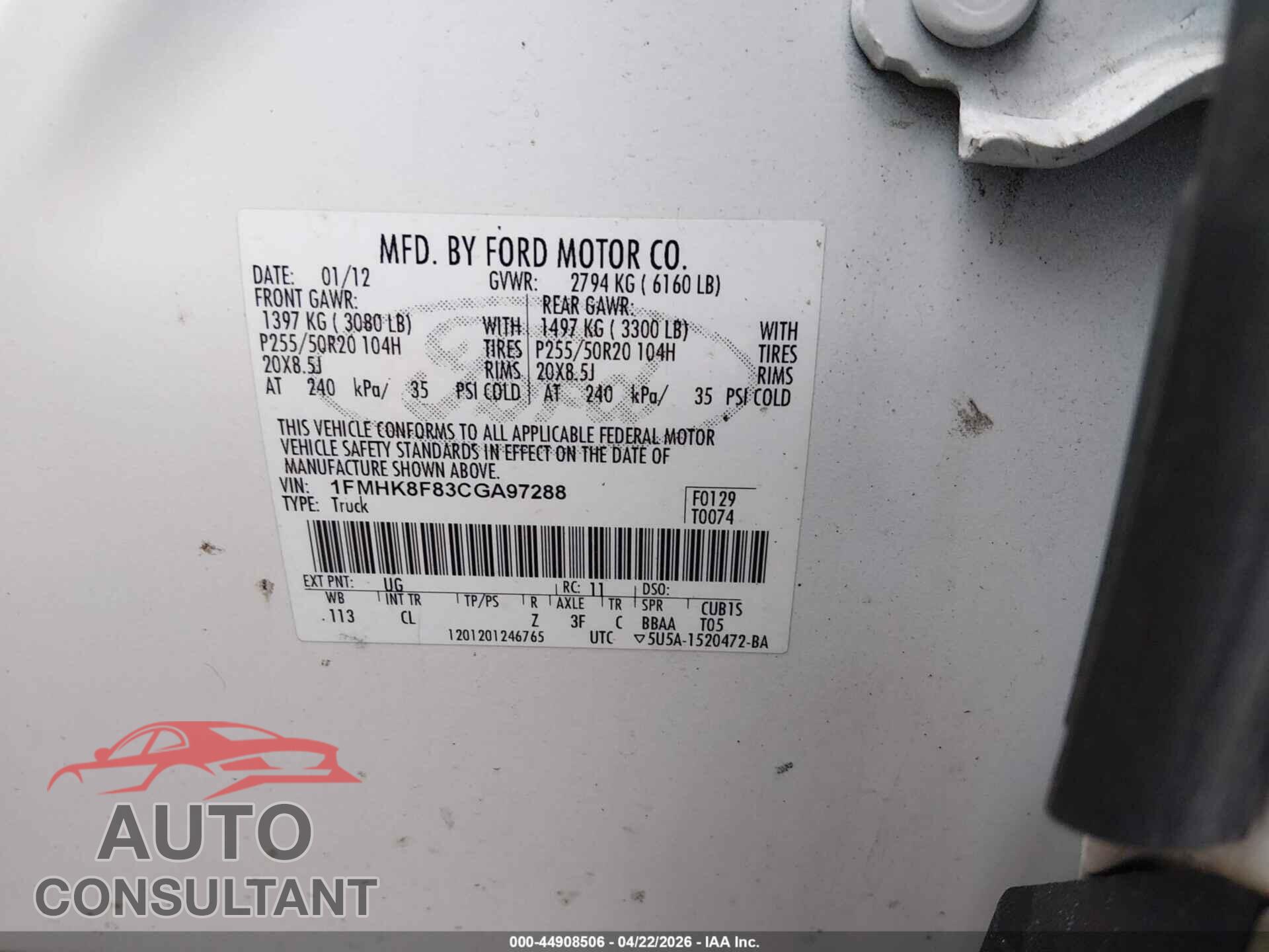 FORD EXPLORER 2012 - 1FMHK8F83CGA97288