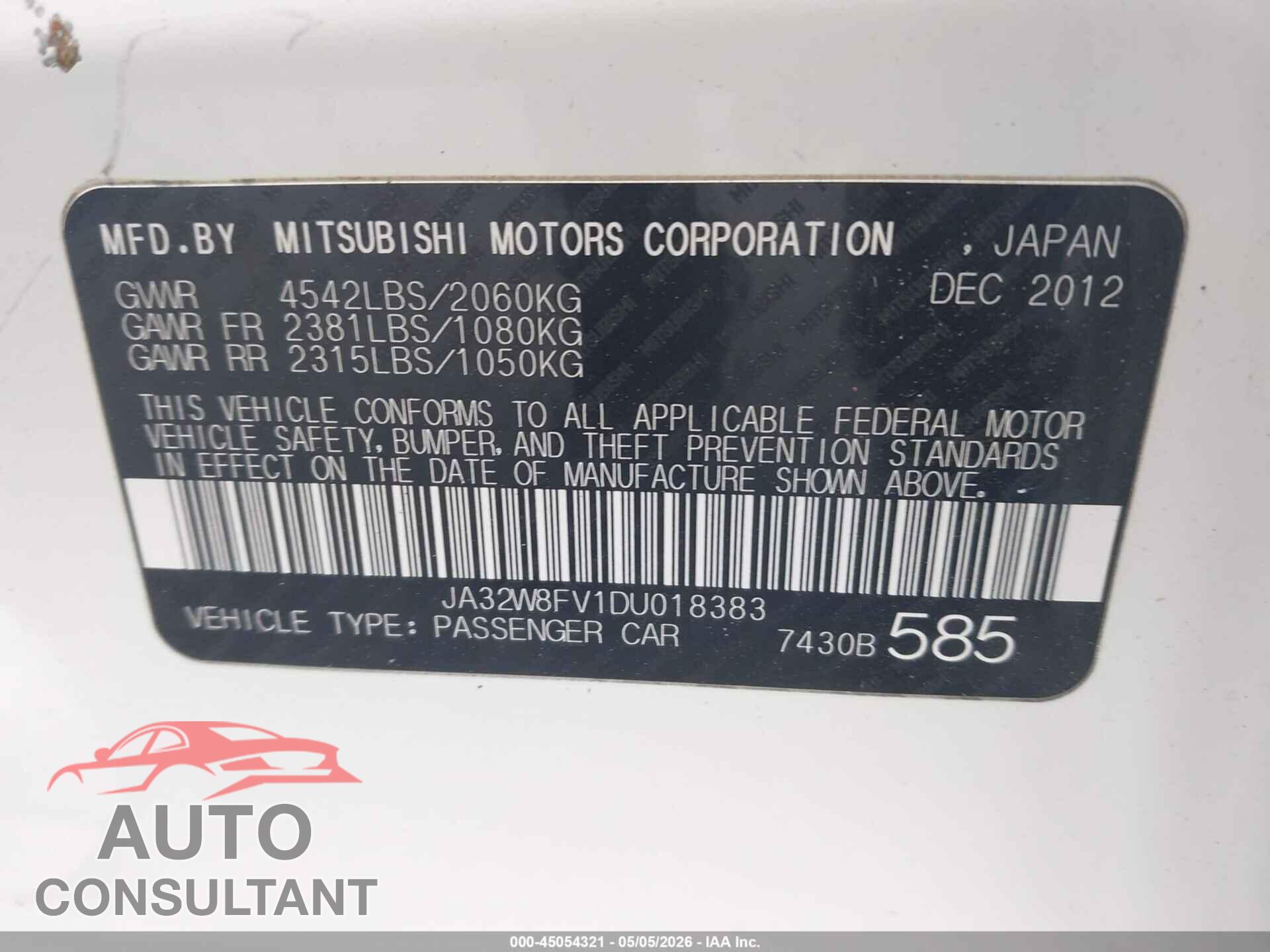 MITSUBISHI LANCER EVOLUTION 2013 - JA32W8FV1DU018383