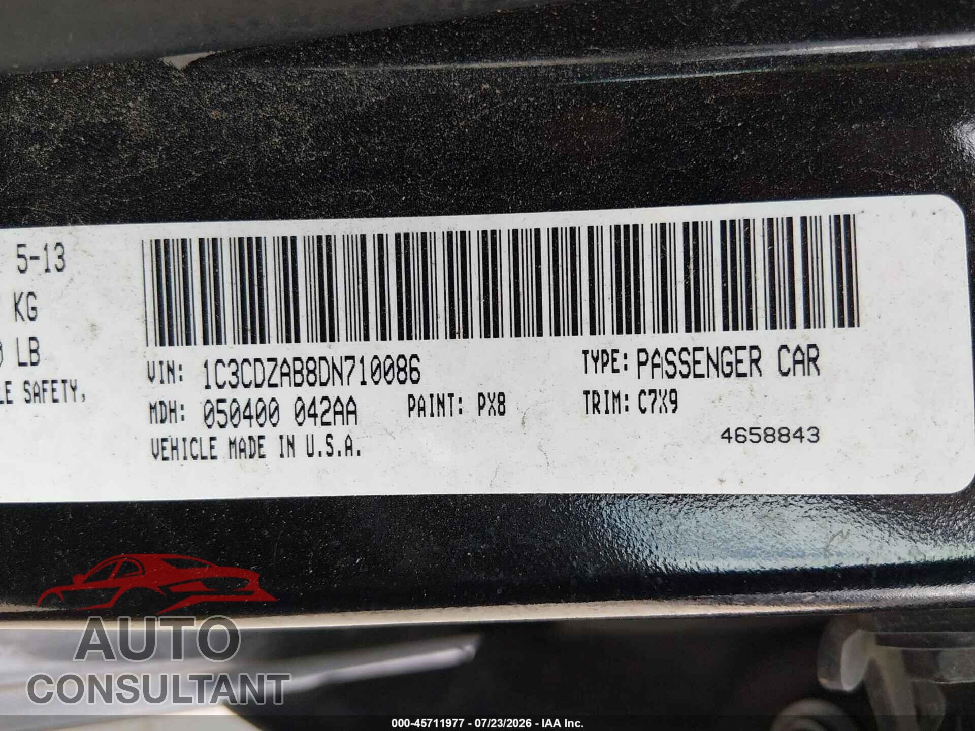 DODGE AVENGER 2013 - 1C3CDZAB8DN710086