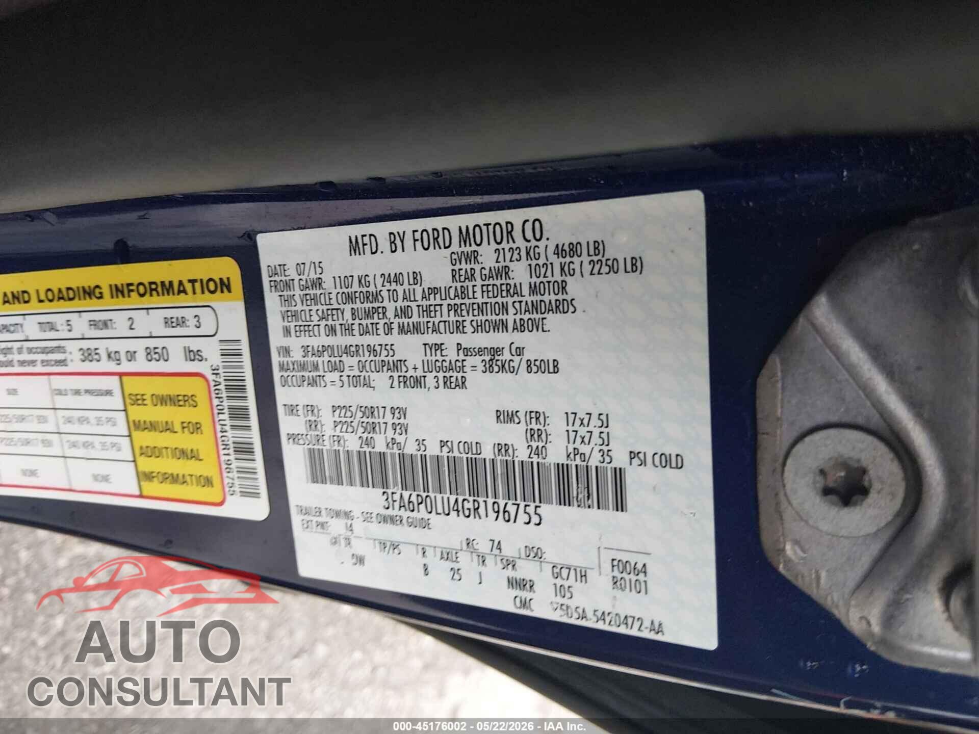 FORD FUSION HYBRID 2016 - 3FA6P0LU4GR196755