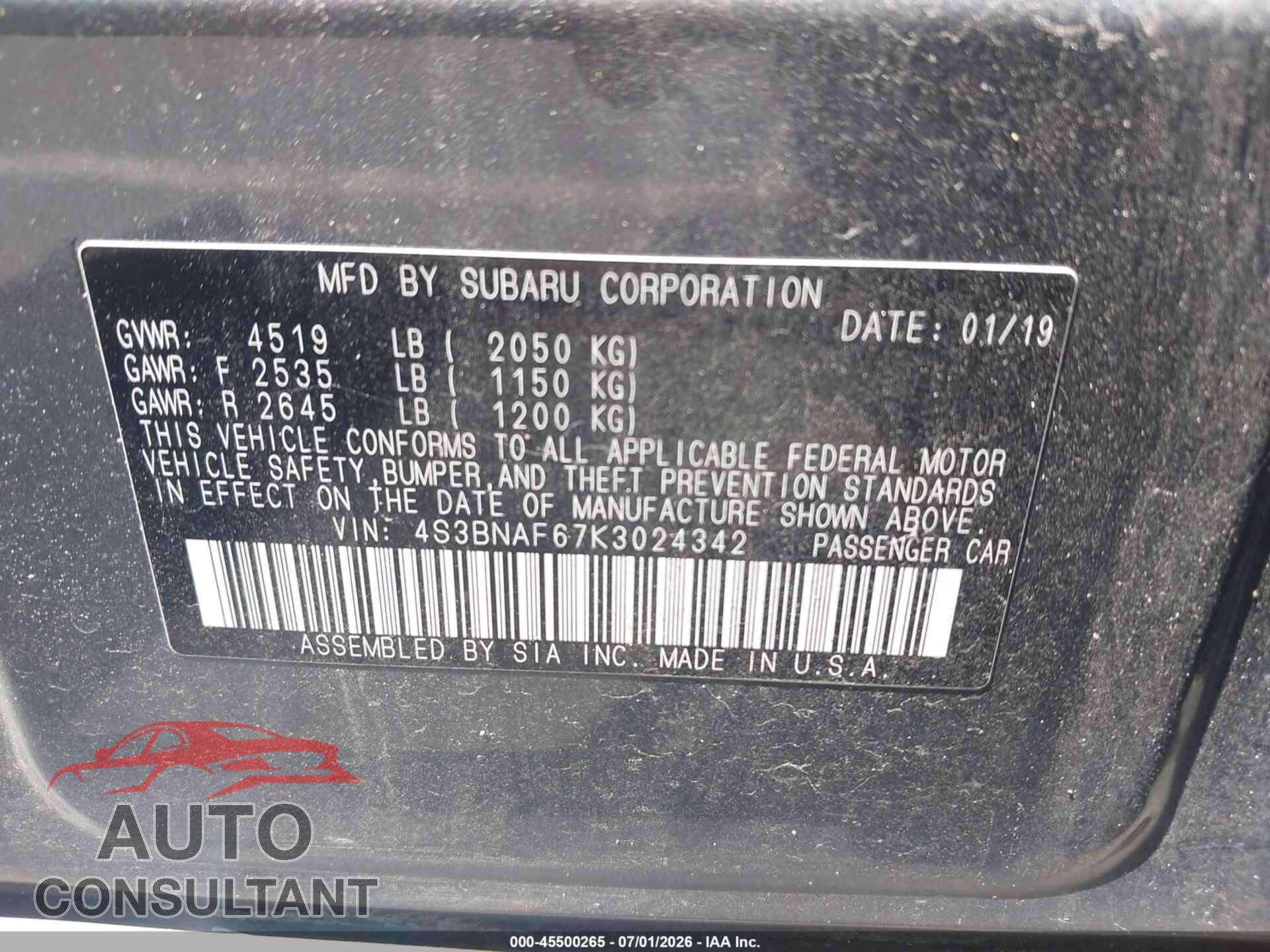 SUBARU LEGACY 2019 - 4S3BNAF67K3024342