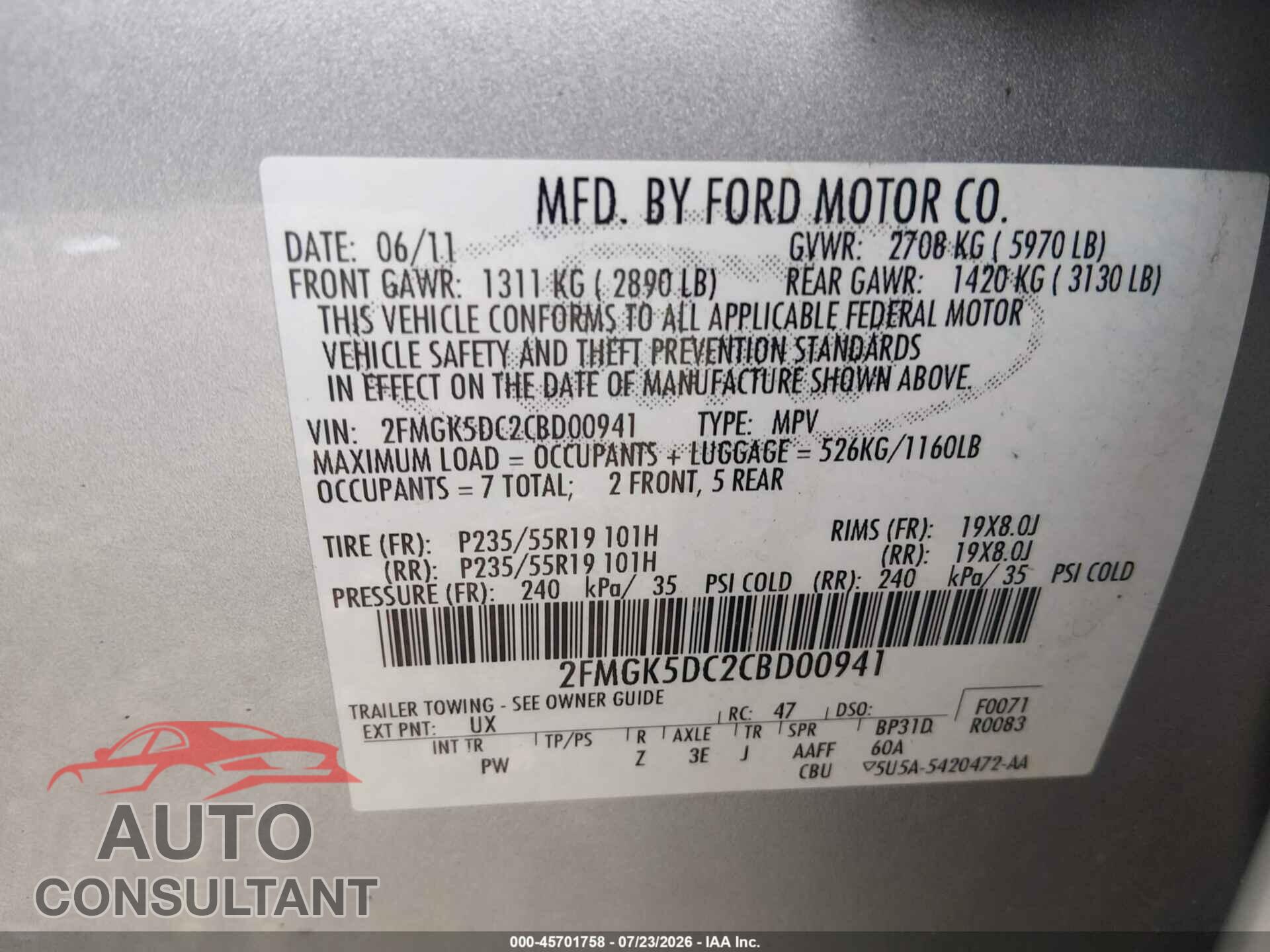 FORD FLEX 2012 - 2FMGK5DC2CBD00941