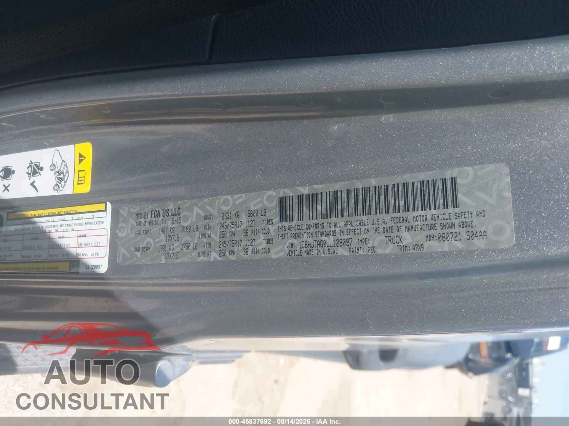 JEEP GLADIATOR 2020 - 1C6HJTAG0LL128097