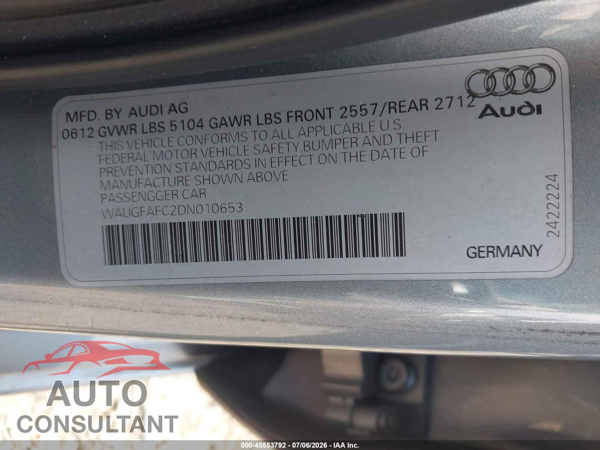 AUDI A6 2013 - WAUGFAFC2DN010653
