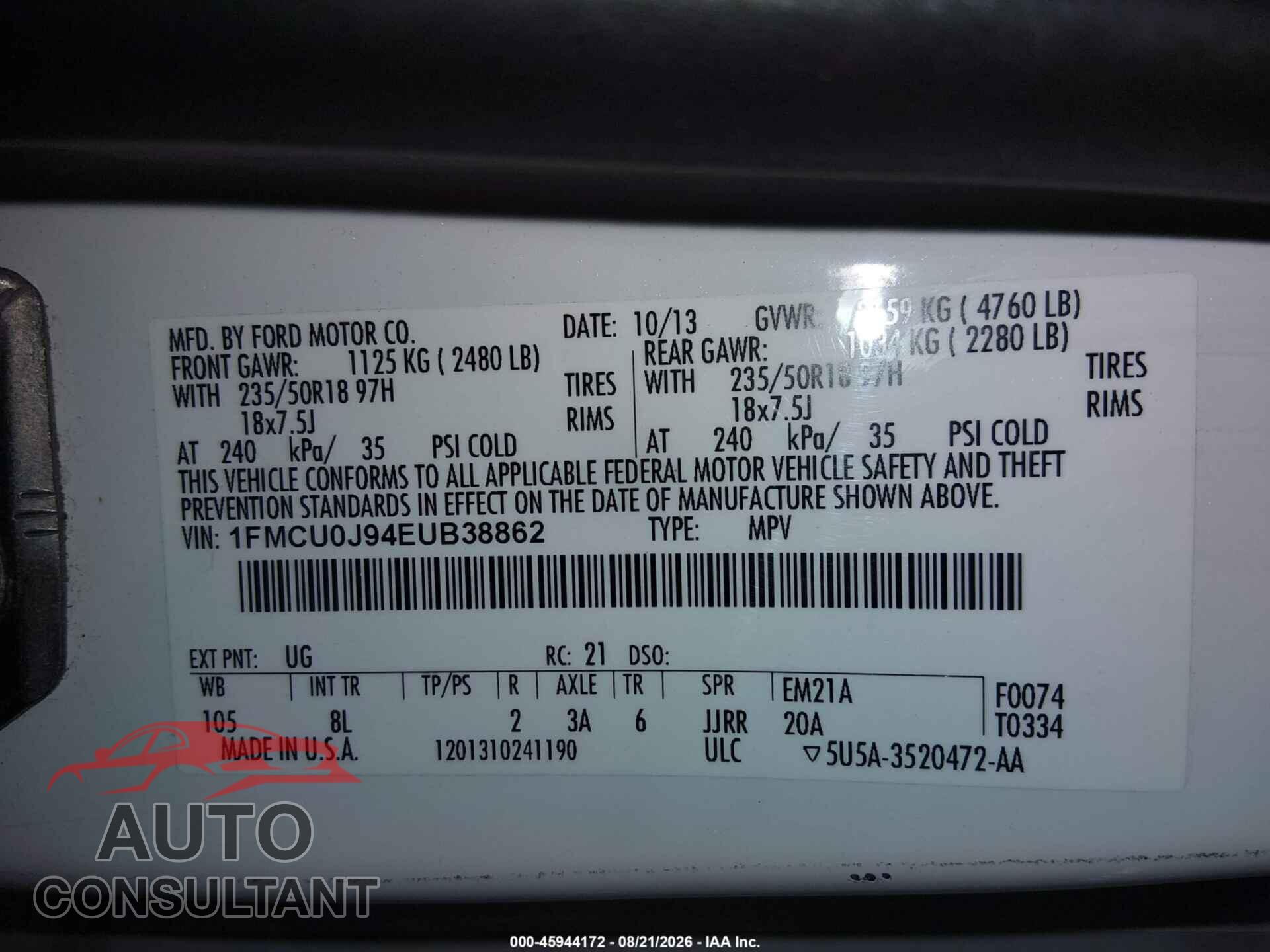 FORD ESCAPE 2014 - 1FMCU0J94EUB38862