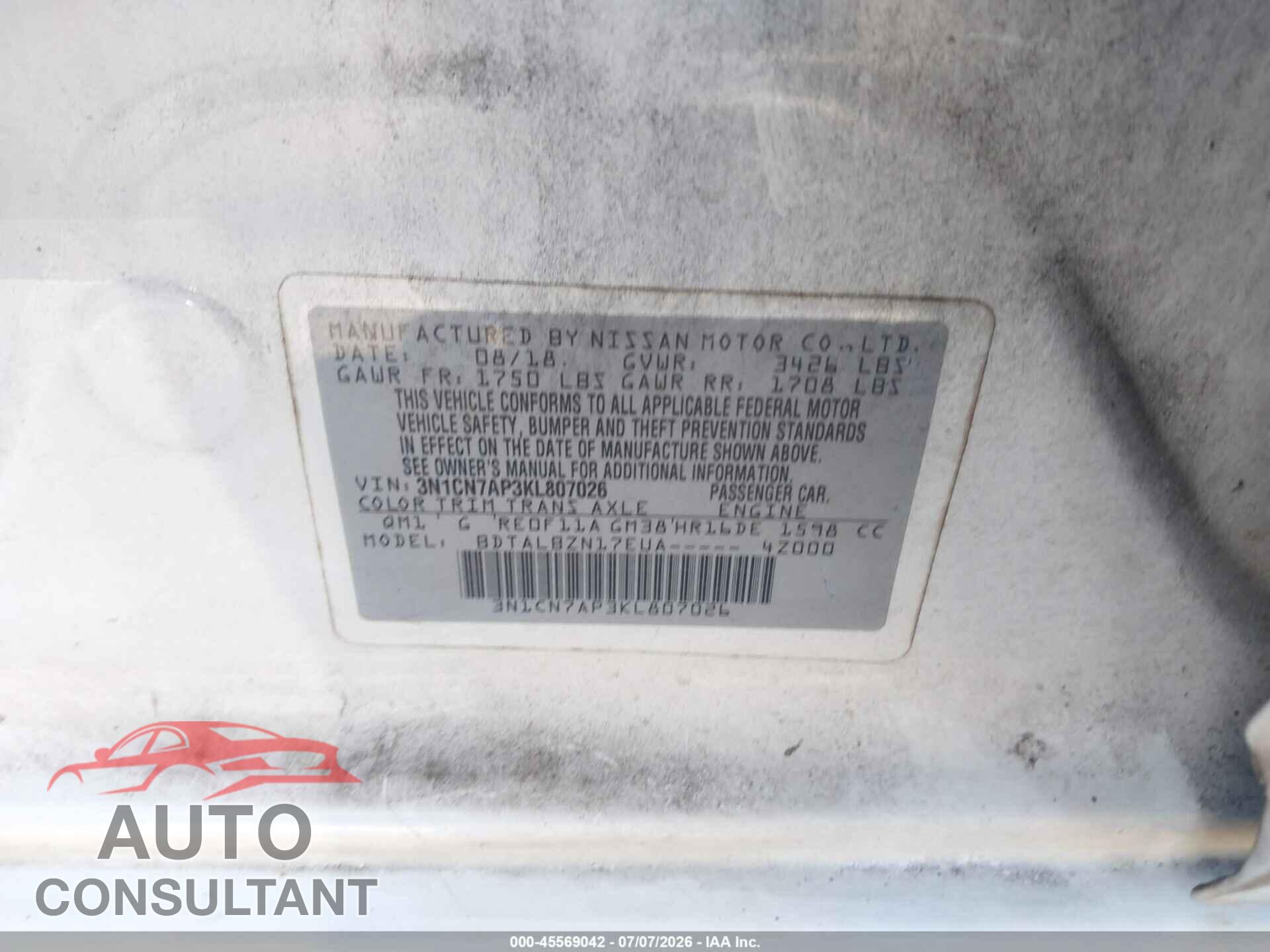 NISSAN VERSA 2019 - 3N1CN7AP3KL807026