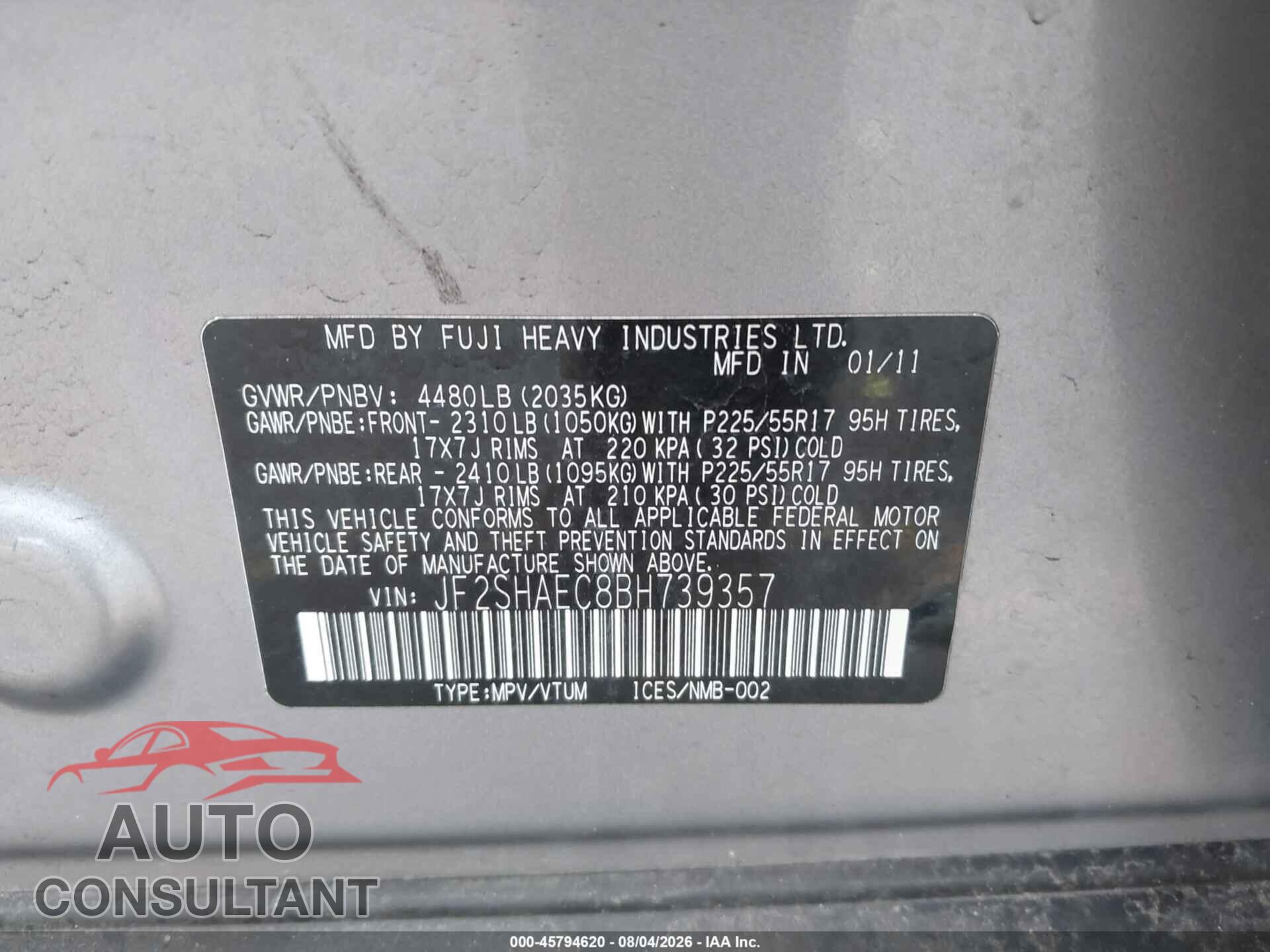 SUBARU FORESTER 2011 - JF2SHAEC8BH739357