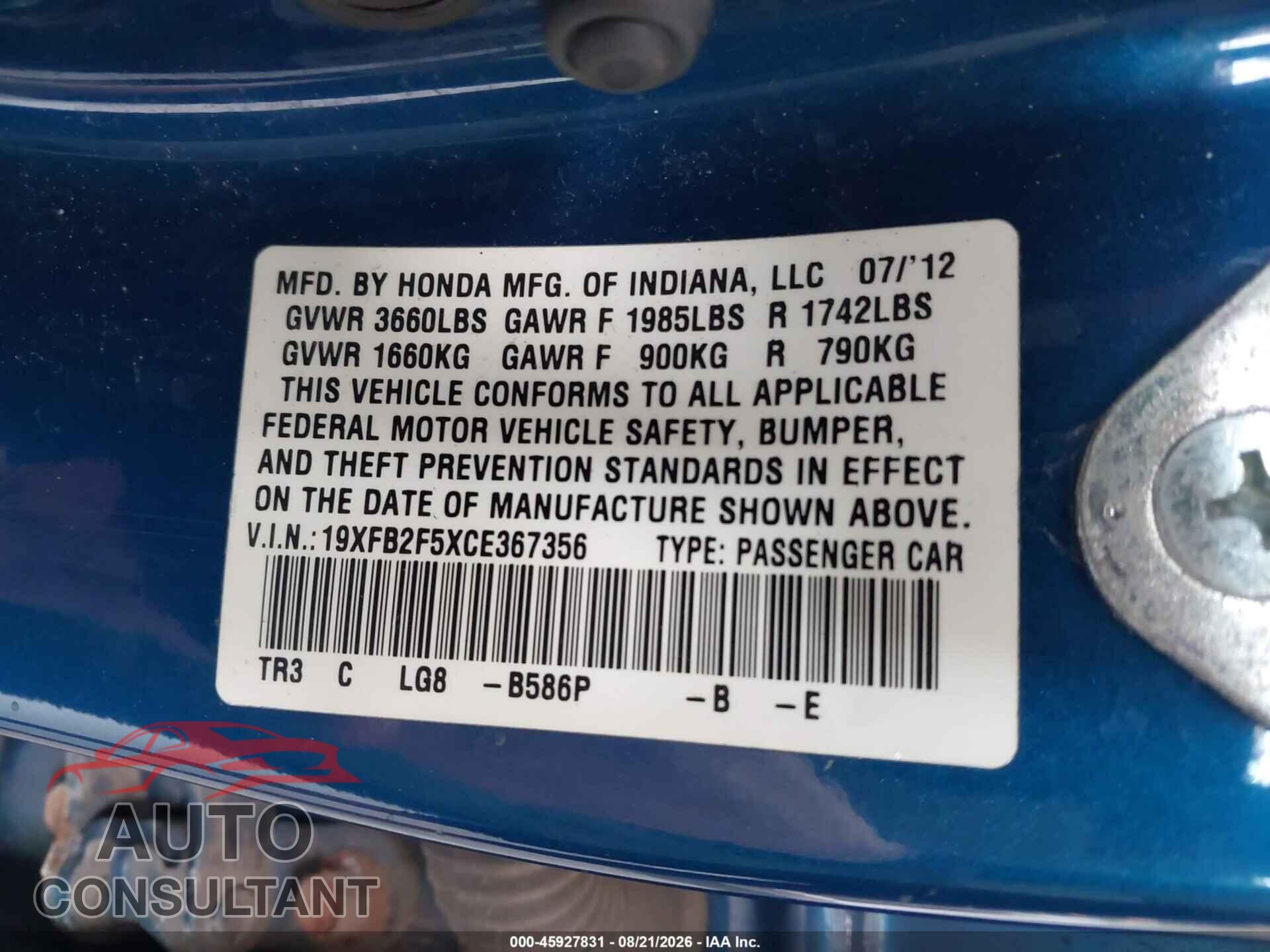 HONDA CIVIC 2012 - 19XFB2F5XCE367356