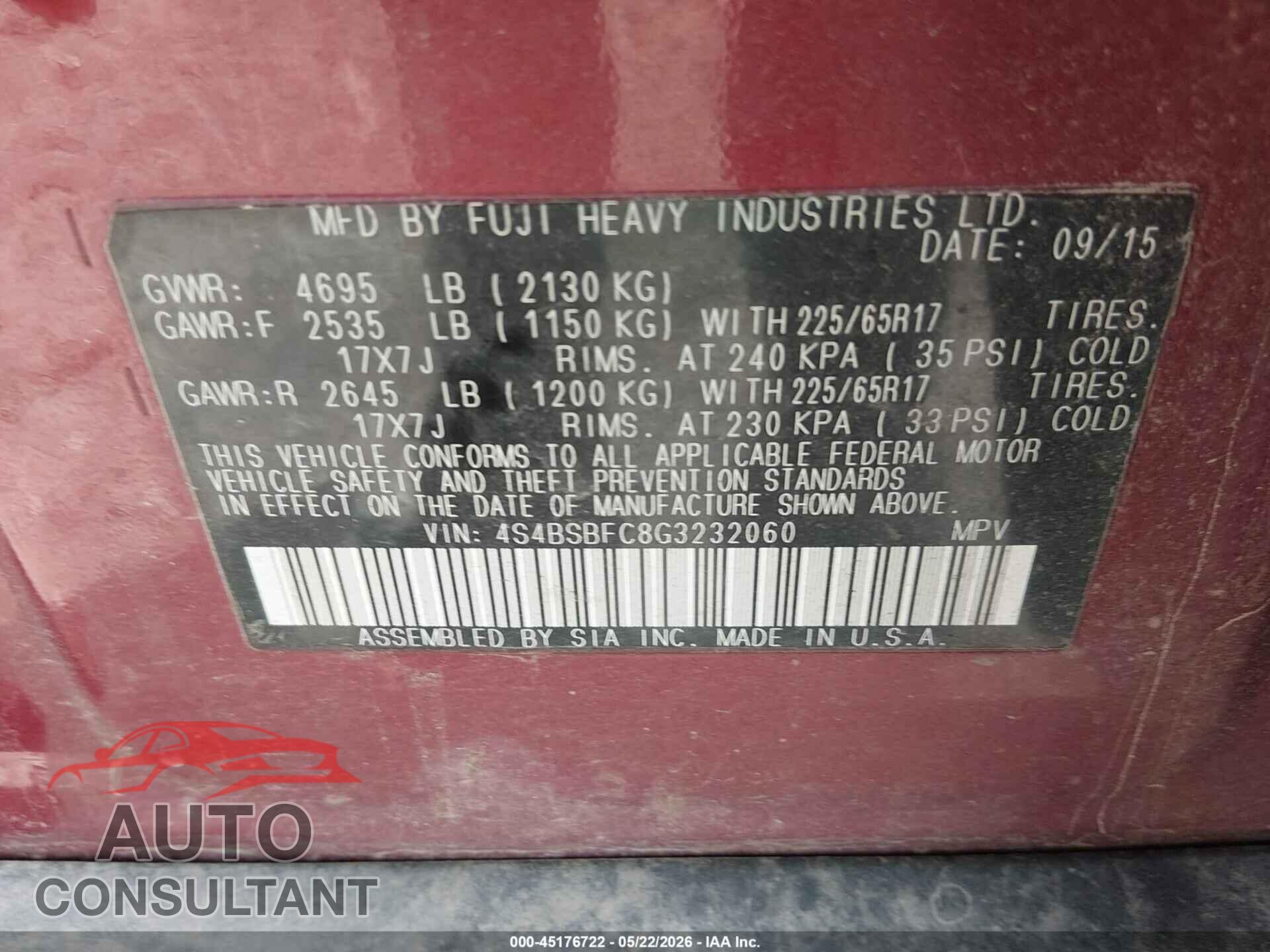 SUBARU OUTBACK 2016 - 4S4BSBFC8G3232060