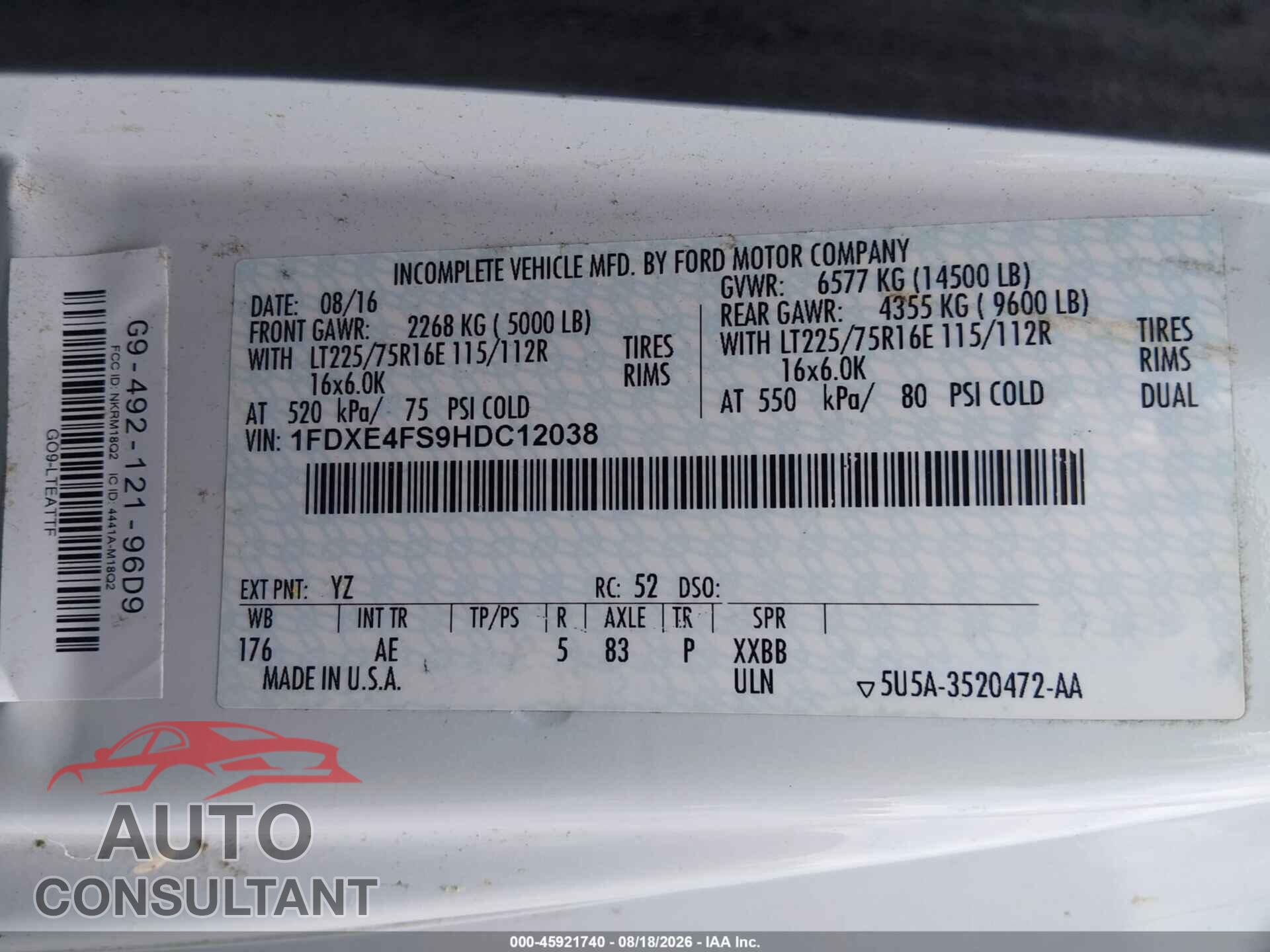 FORD E-450 CUTAWAY 2017 - 1FDXE4FS9HDC12038