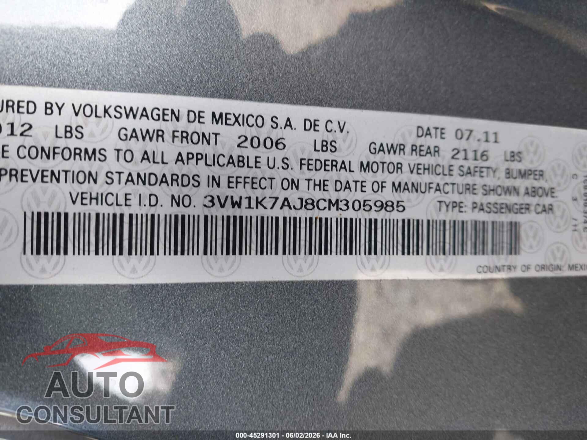 VOLKSWAGEN JETTA 2012 - 3VW1K7AJ8CM305985
