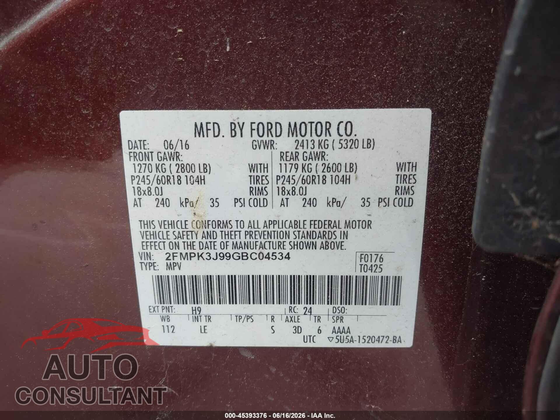 FORD EDGE 2016 - 2FMPK3J99GBC04534