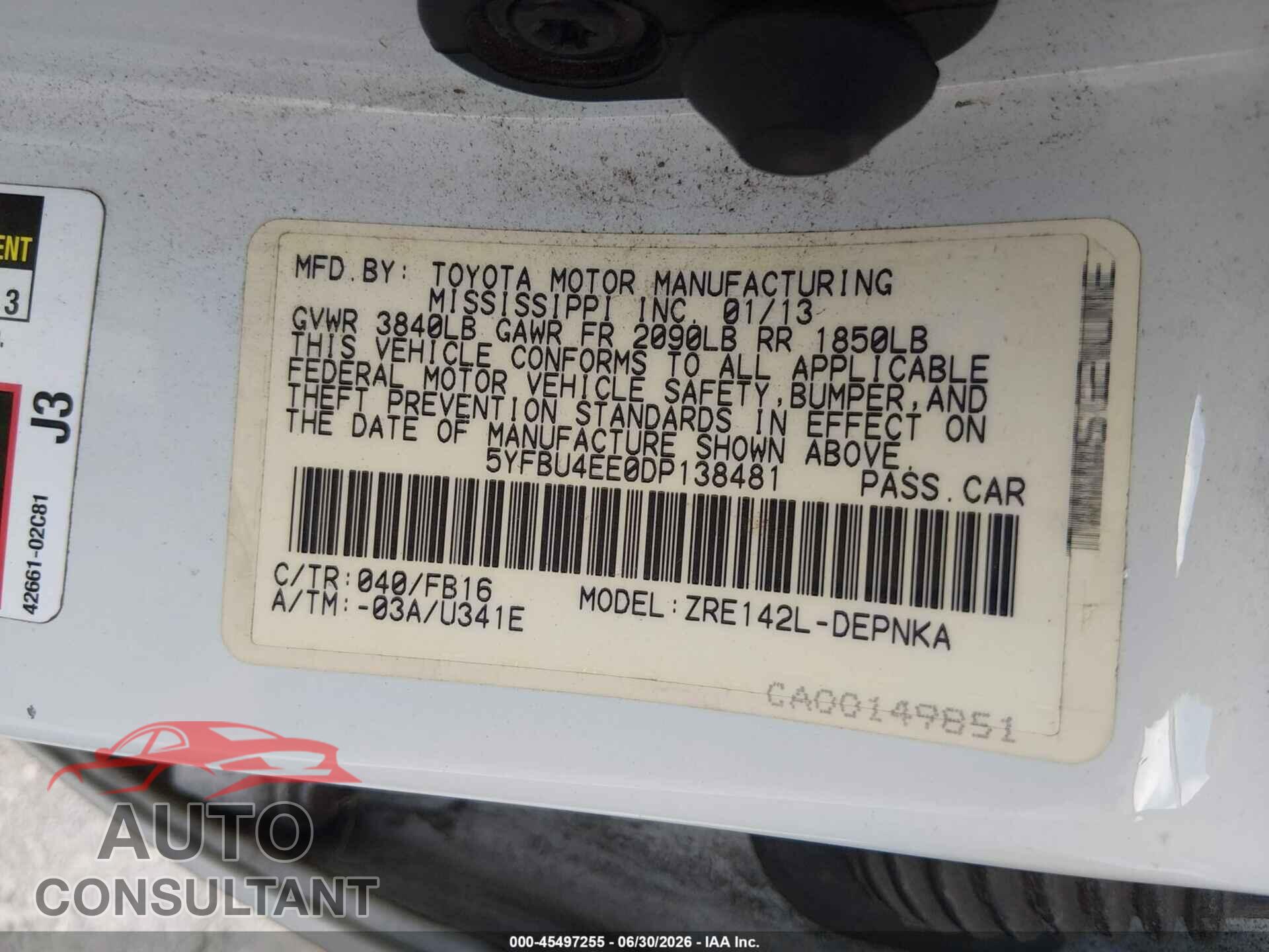 TOYOTA COROLLA 2013 - 5YFBU4EE0DP138481