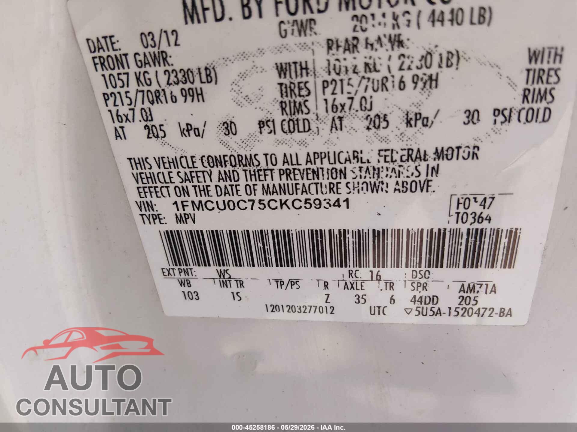 FORD ESCAPE 2012 - 1FMCU0C75CKC59341
