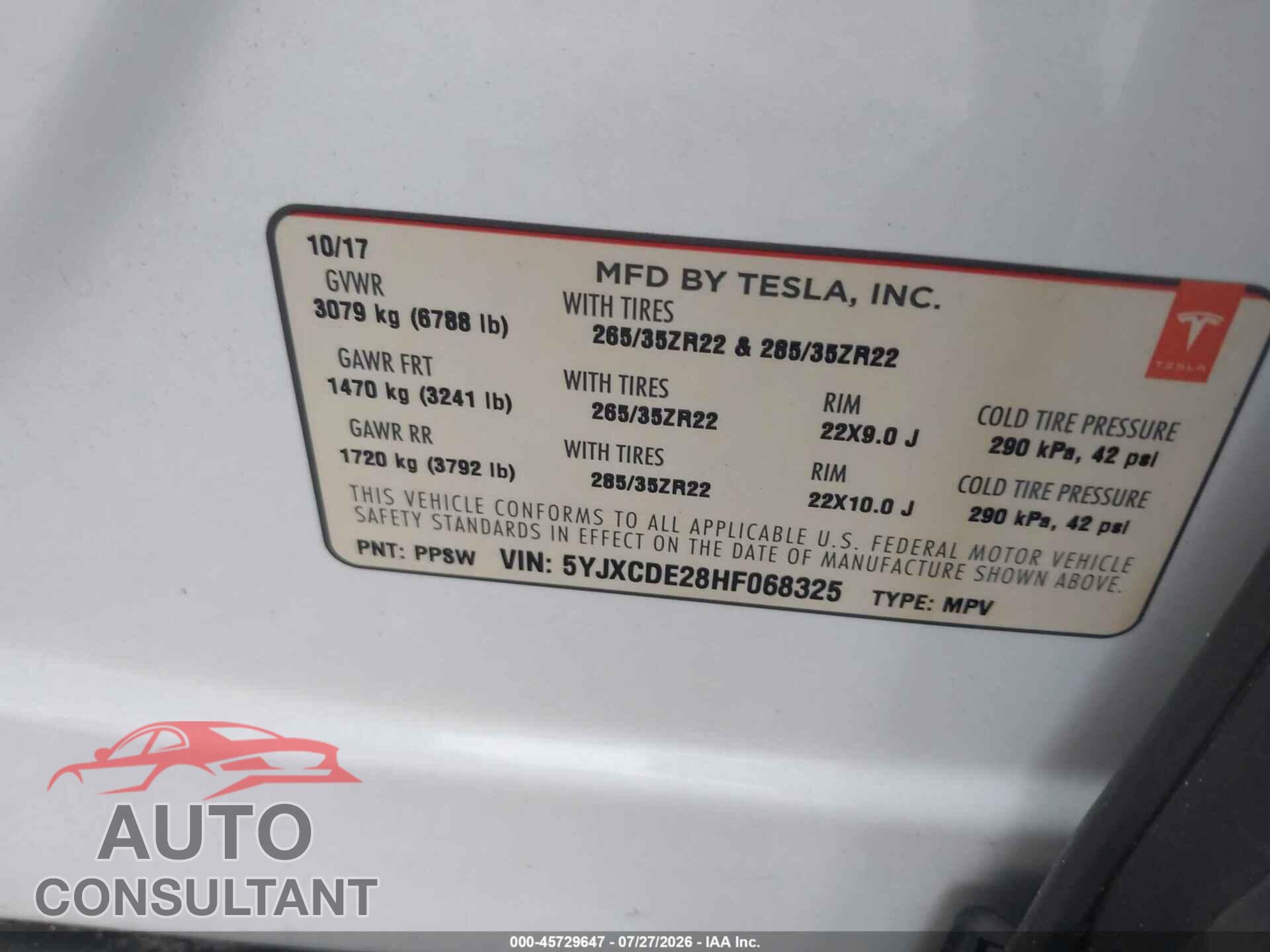 TESLA MODEL X 2017 - 5YJXCDE28HF068325