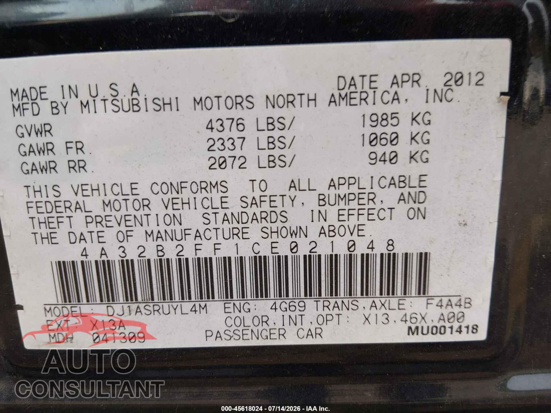MITSUBISHI GALANT 2012 - 4A32B2FF1CE021048