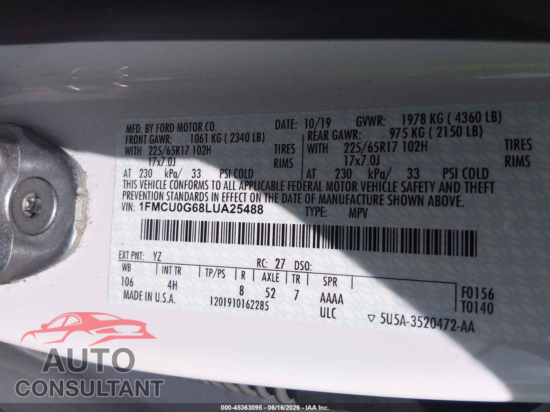 FORD ESCAPE 2020 - 1FMCU0G68LUA25488