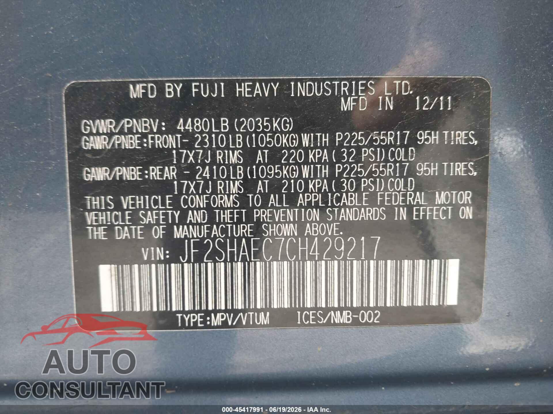 SUBARU FORESTER 2012 - JF2SHAEC7CH429217
