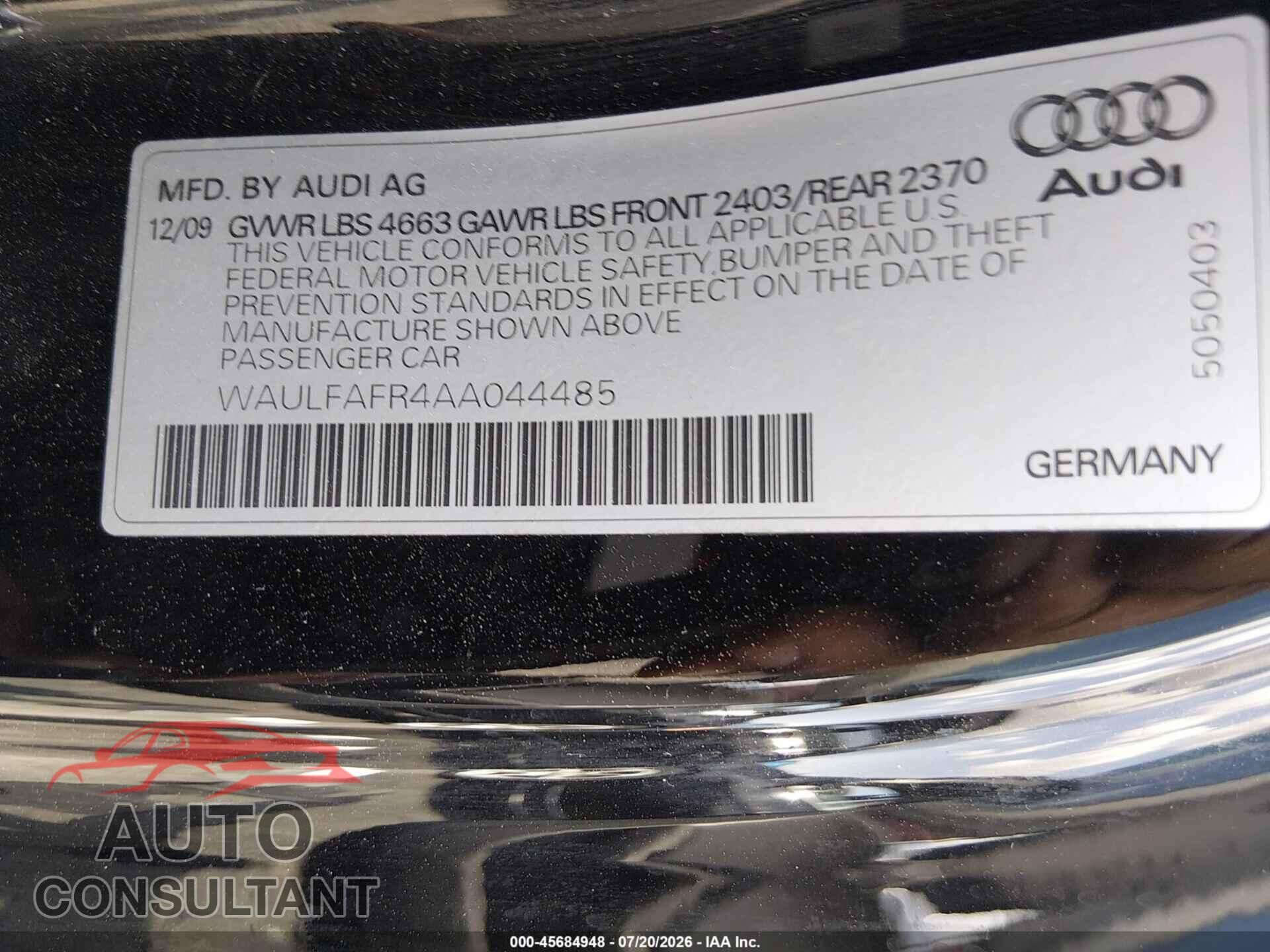 AUDI A5 2010 - WAULFAFR4AA044485
