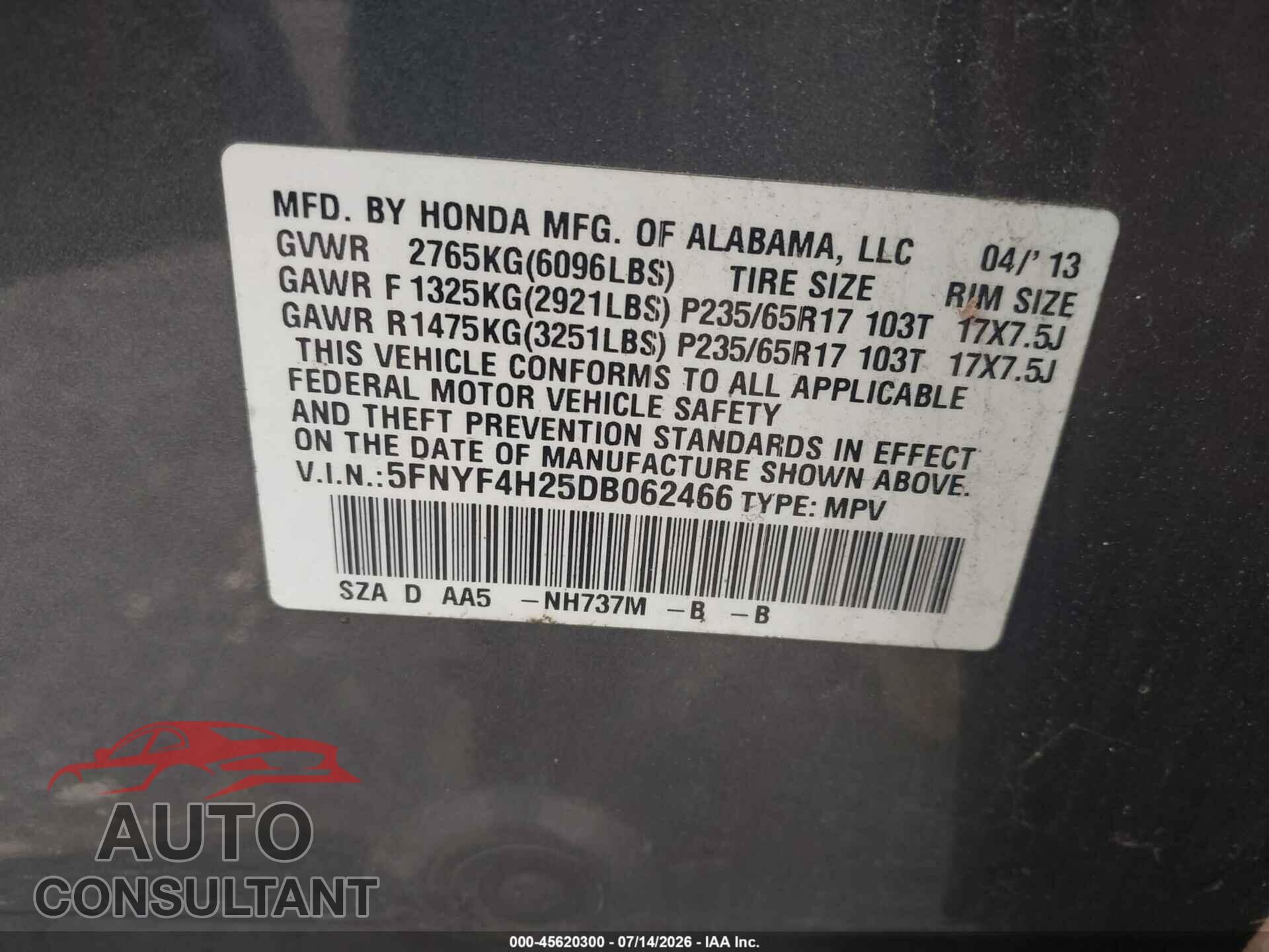 HONDA PILOT 2013 - 5FNYF4H25DB062466