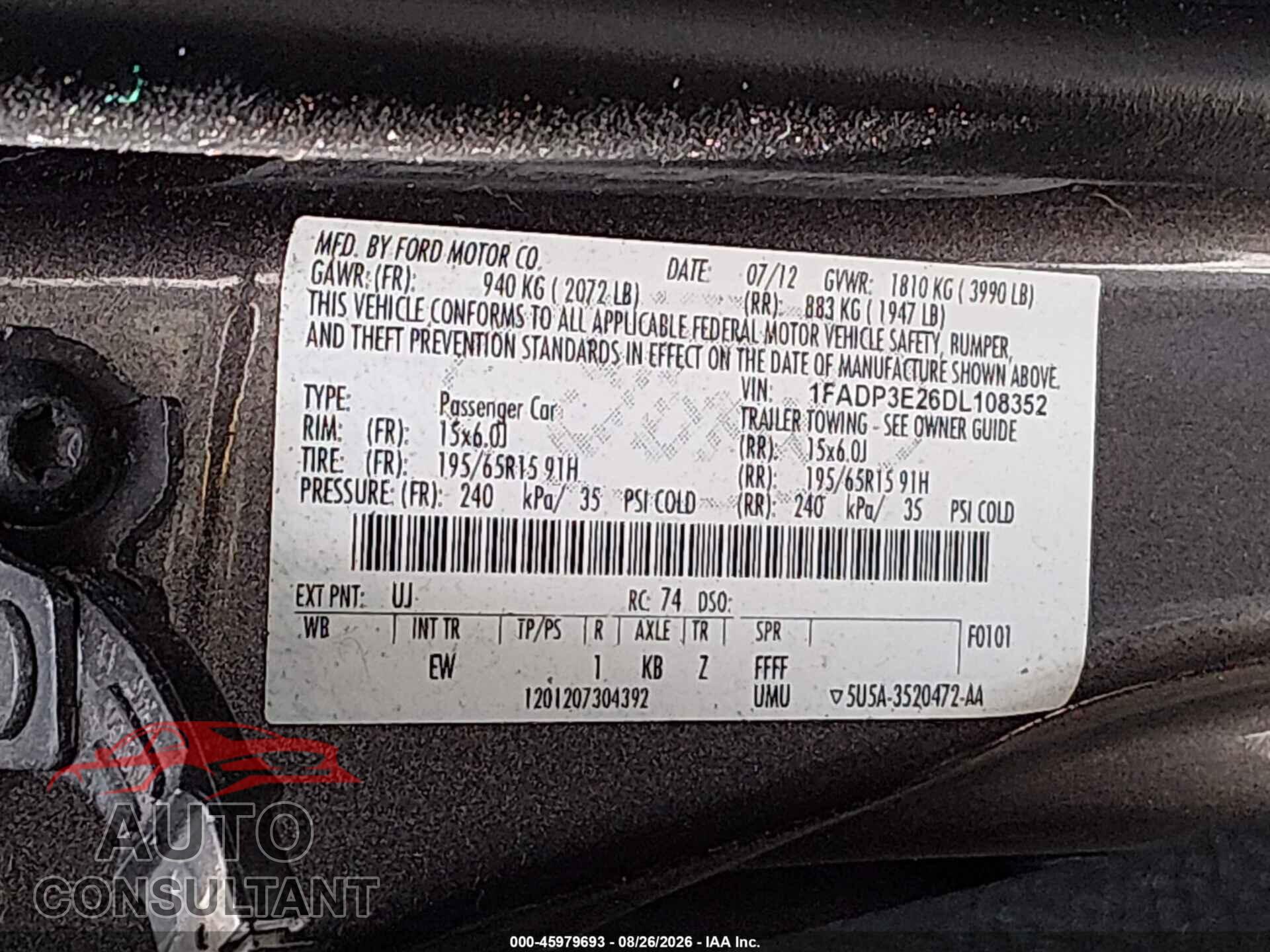 FORD FOCUS 2013 - 1FADP3E26DL108352