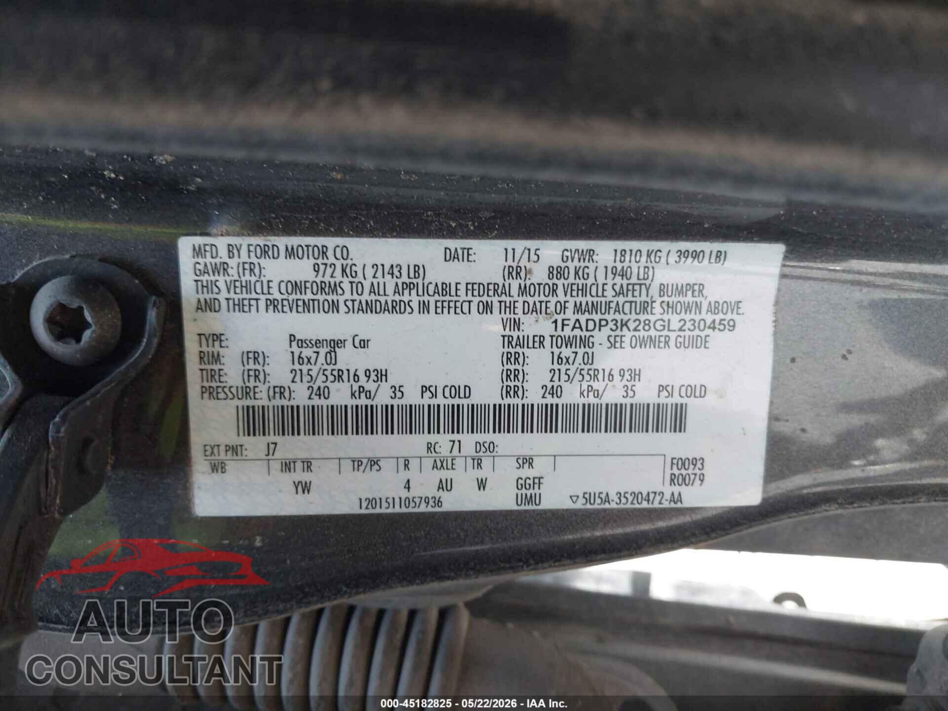 FORD FOCUS 2016 - 1FADP3K28GL230459