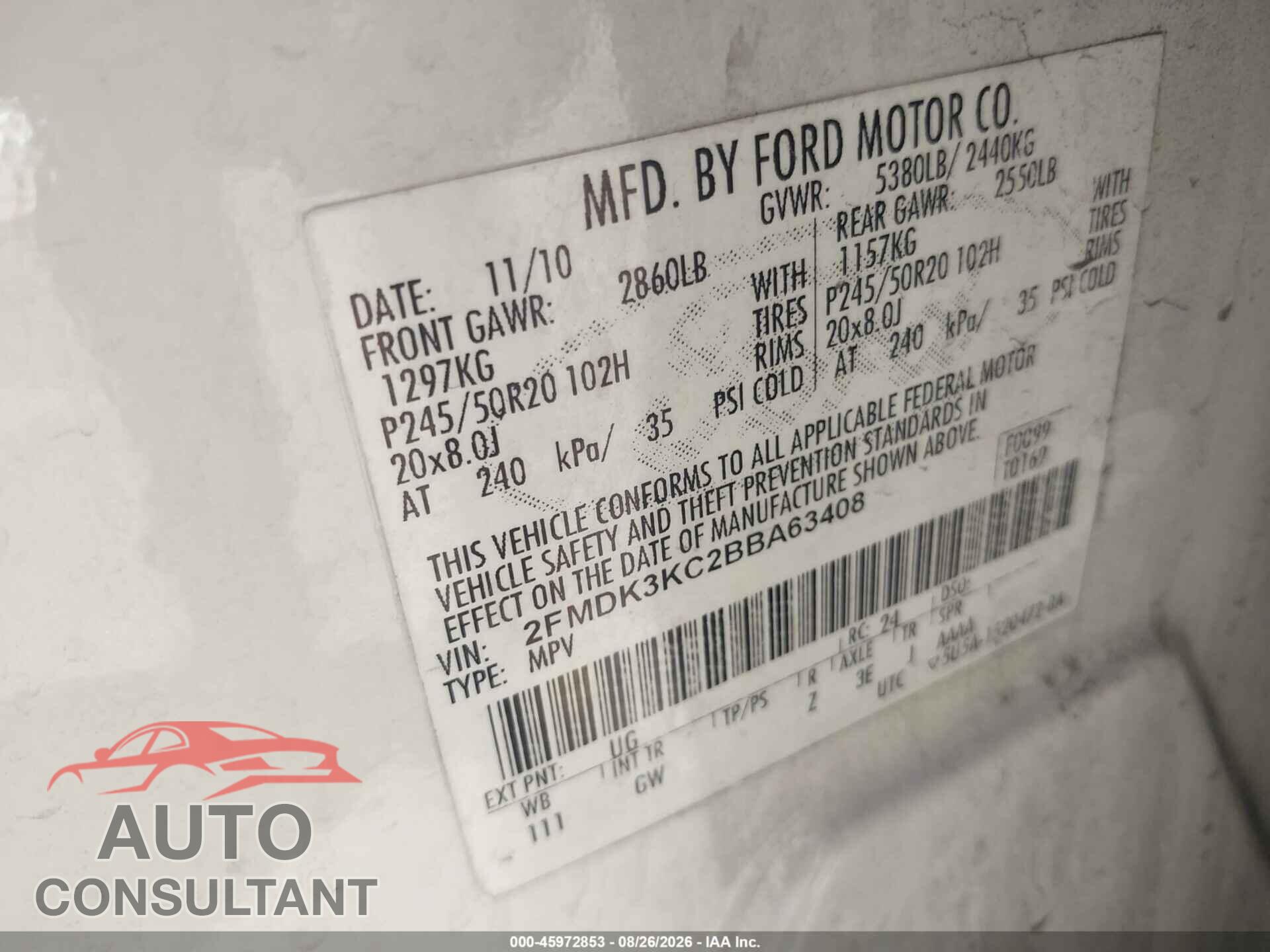 FORD EDGE 2011 - 2FMDK3KC2BBA63408
