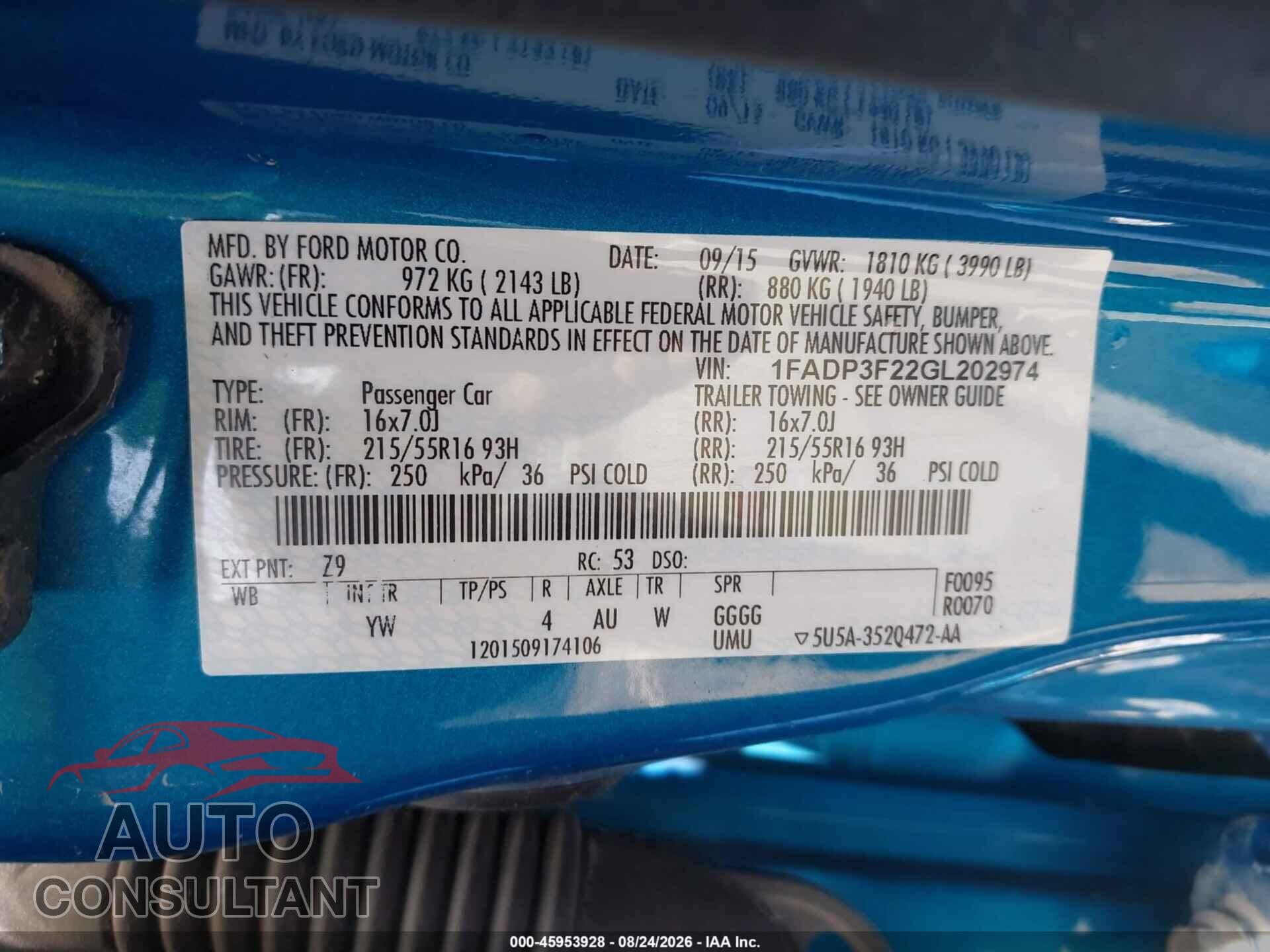 FORD FOCUS 2016 - 1FADP3F22GL202974