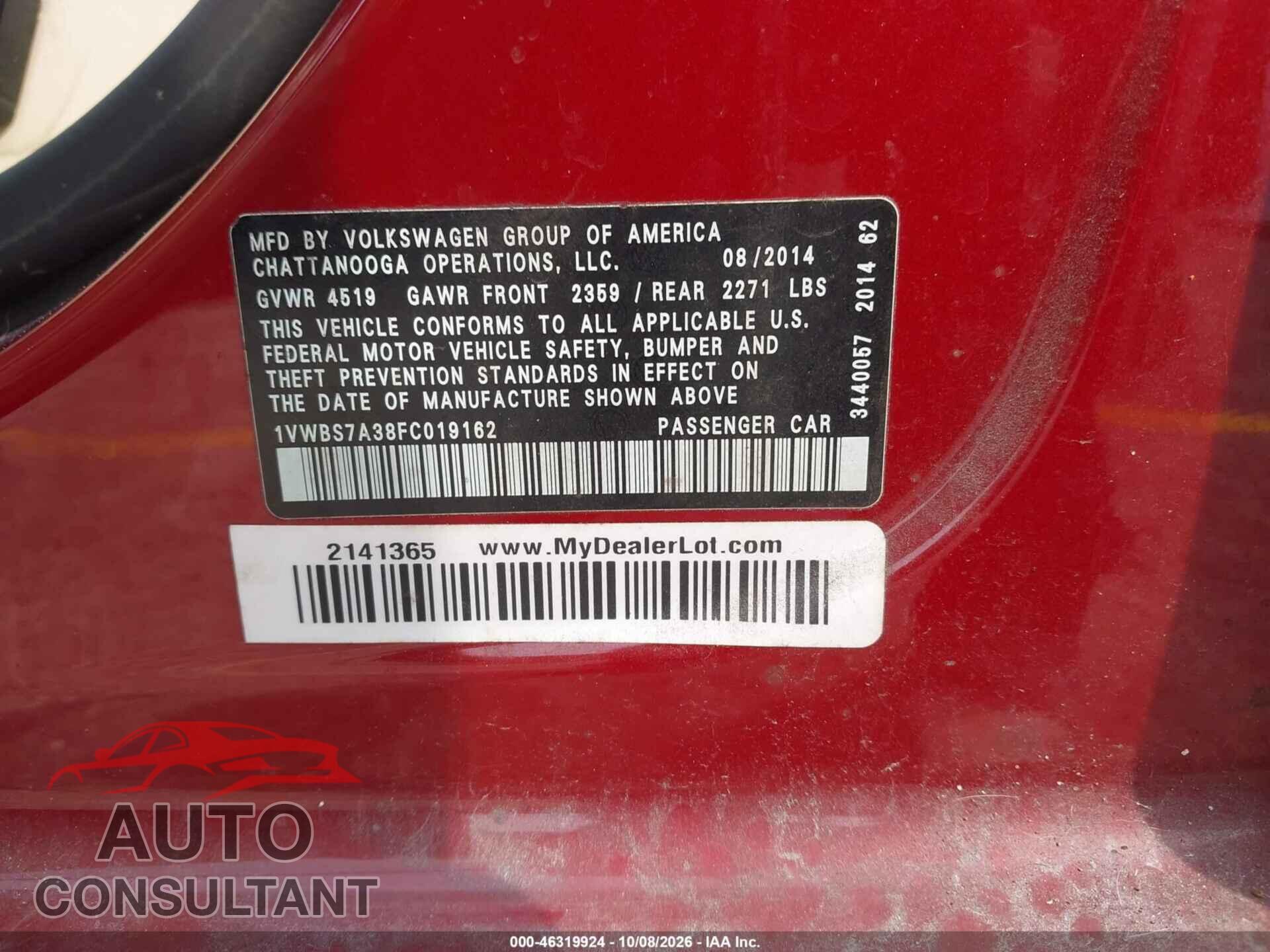 VOLKSWAGEN PASSAT 2015 - 1VWBS7A38FC019162