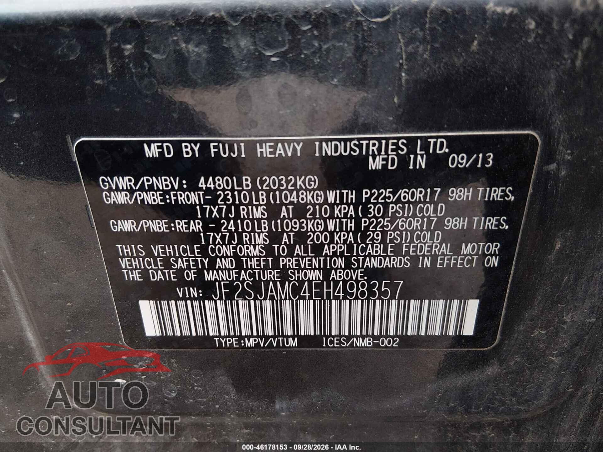 SUBARU FORESTER 2014 - JF2SJAMC4EH498357