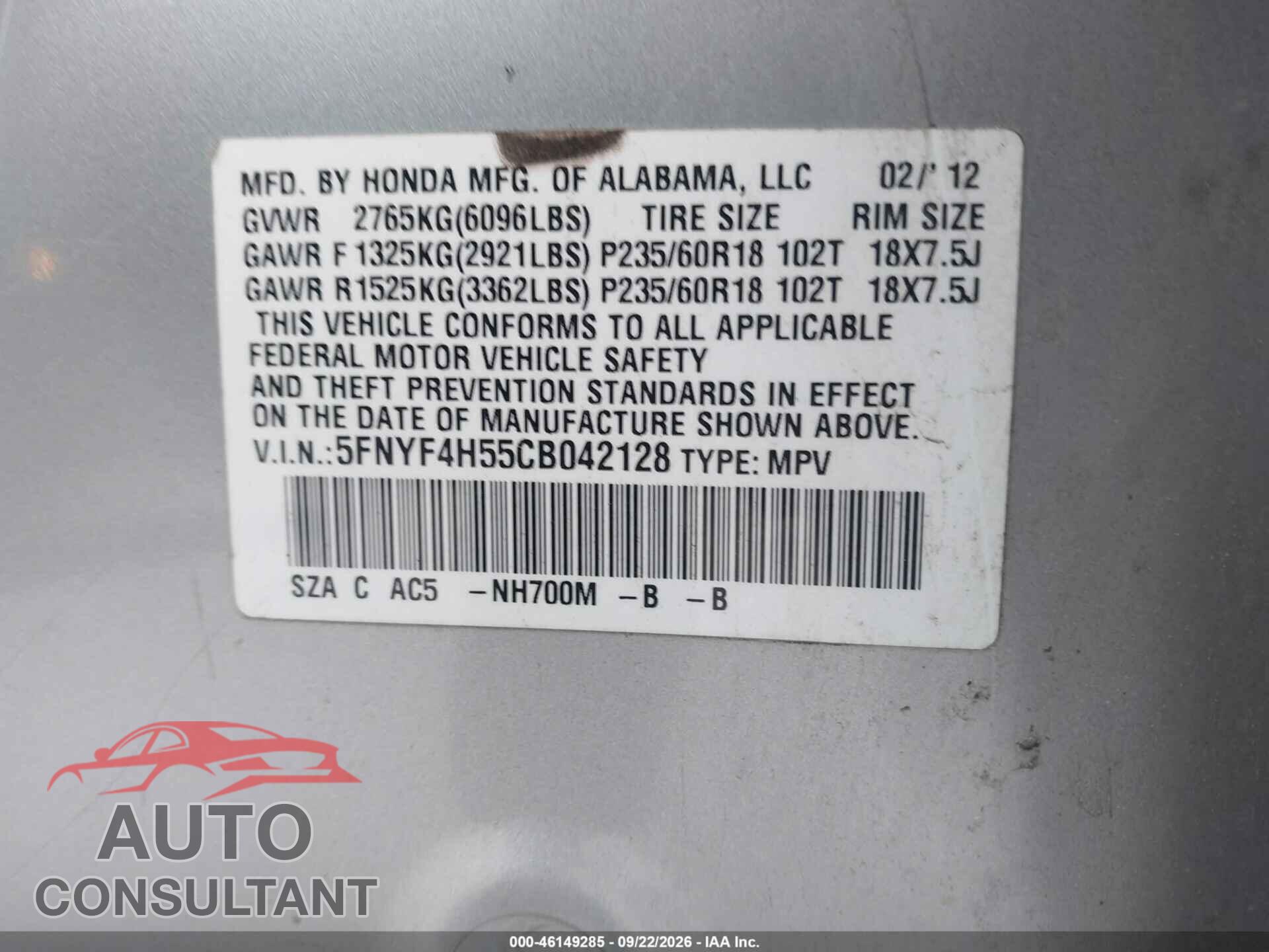 HONDA PILOT 2012 - 5FNYF4H55CB042128