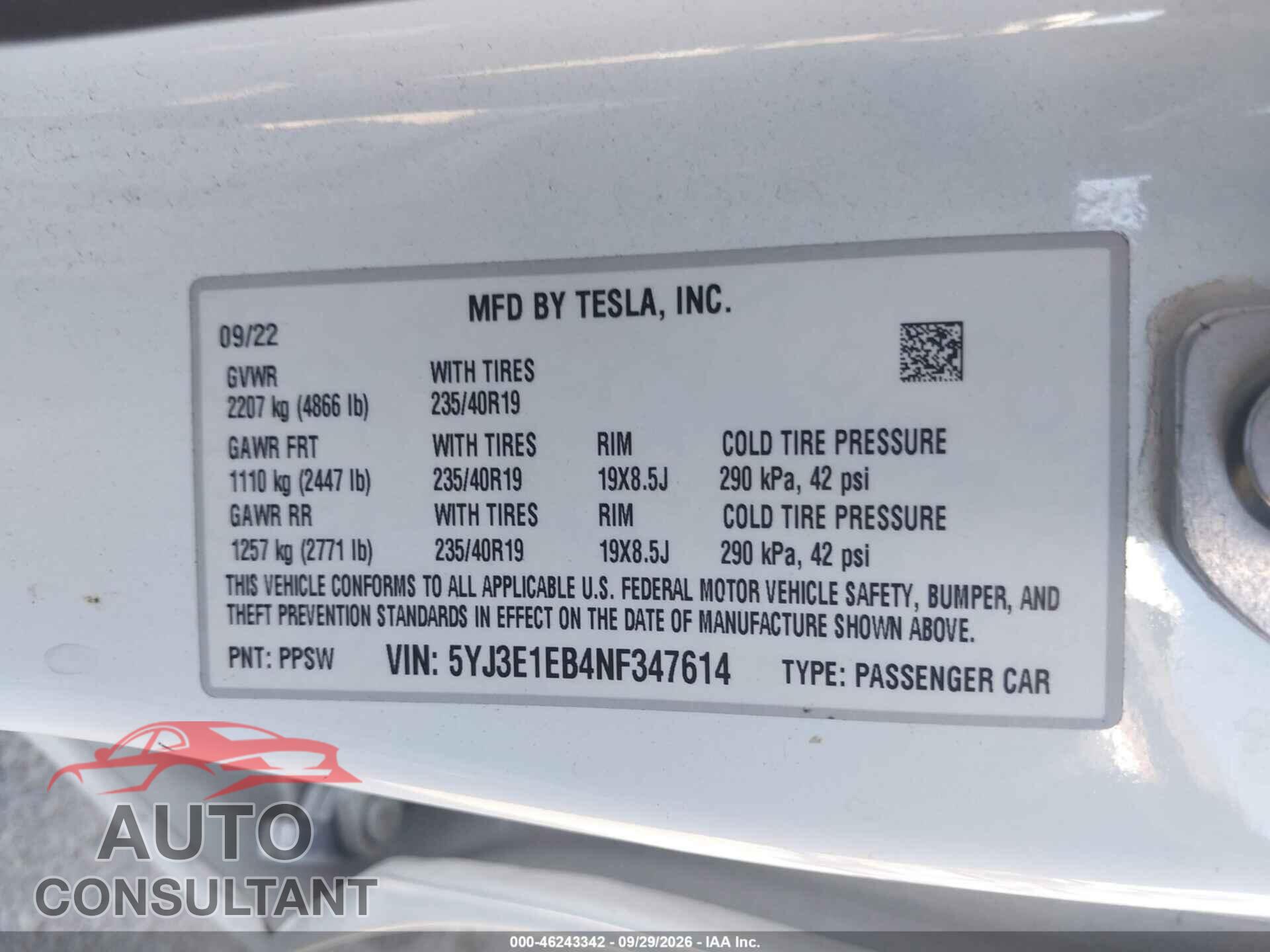 TESLA MODEL 3 2022 - 5YJ3E1EB4NF347614