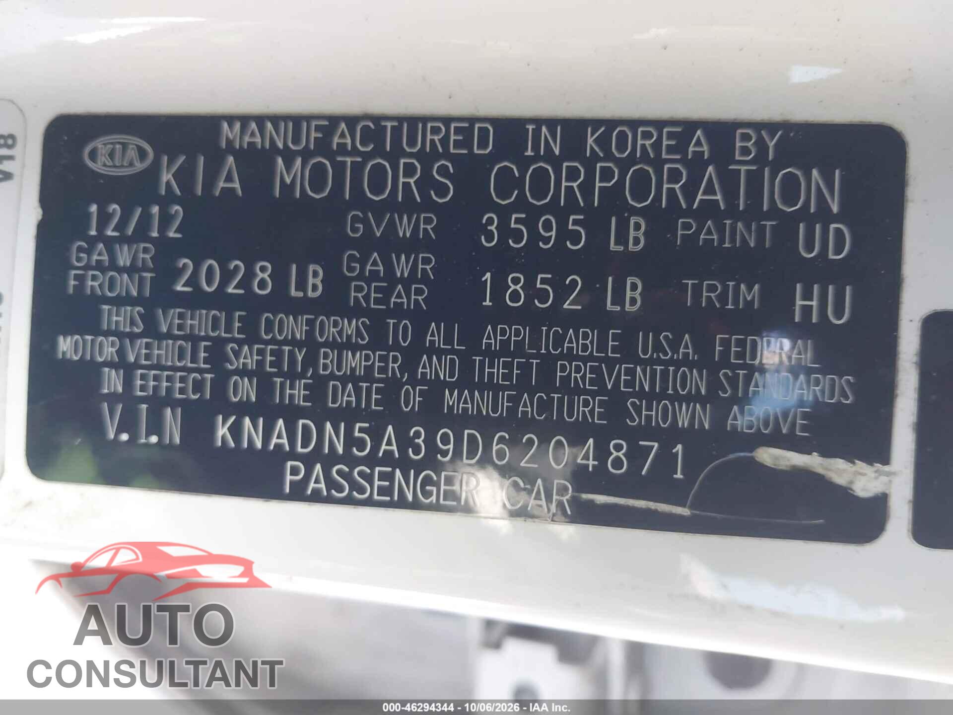 KIA RIO 2013 - KNADN5A39D6204871