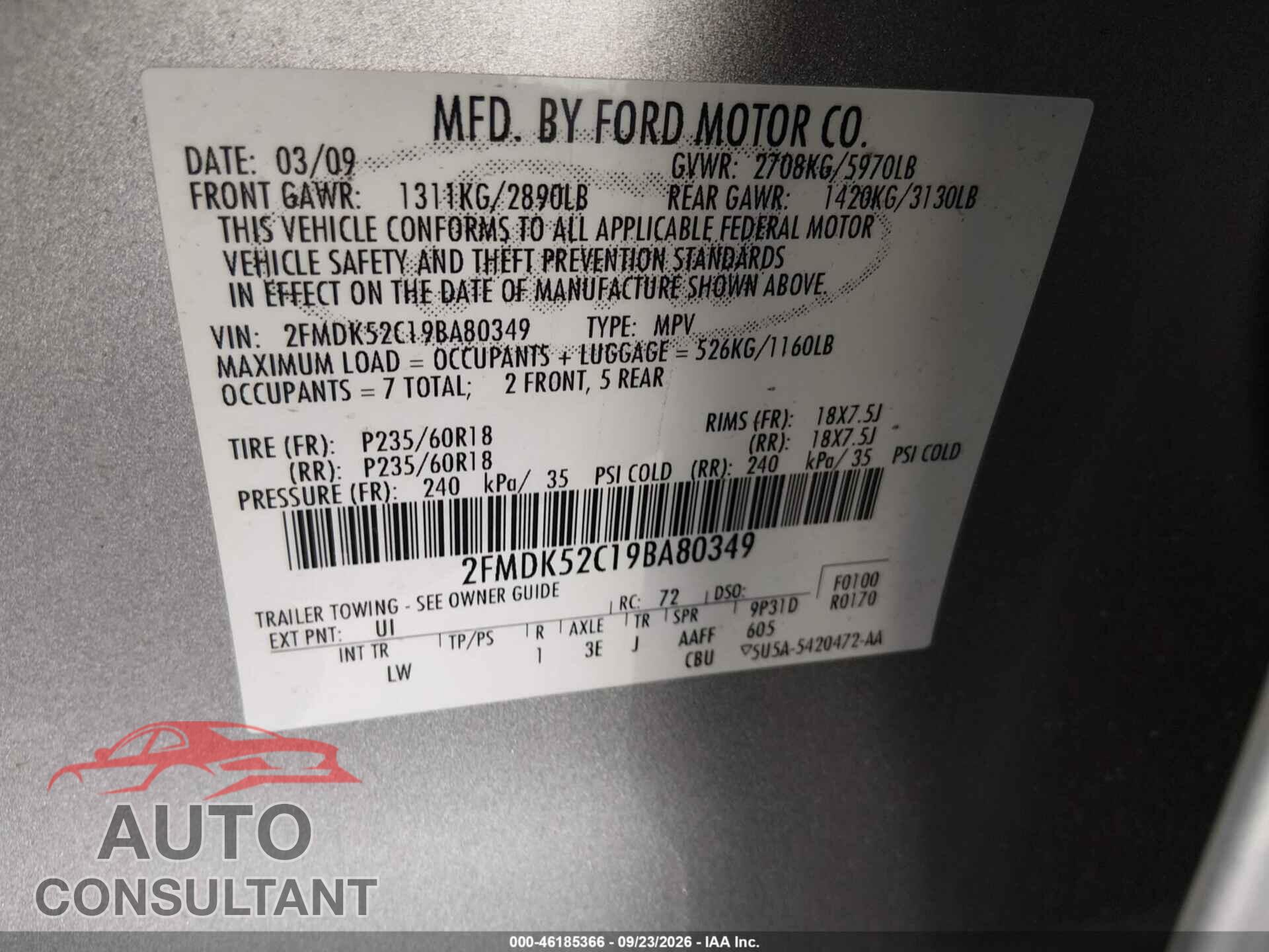 FORD FLEX 2009 - 2FMDK52C19BA80349
