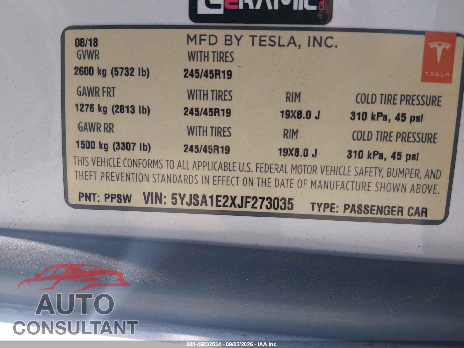 TESLA MODEL S 2018 - 5YJSA1E2XJF273035