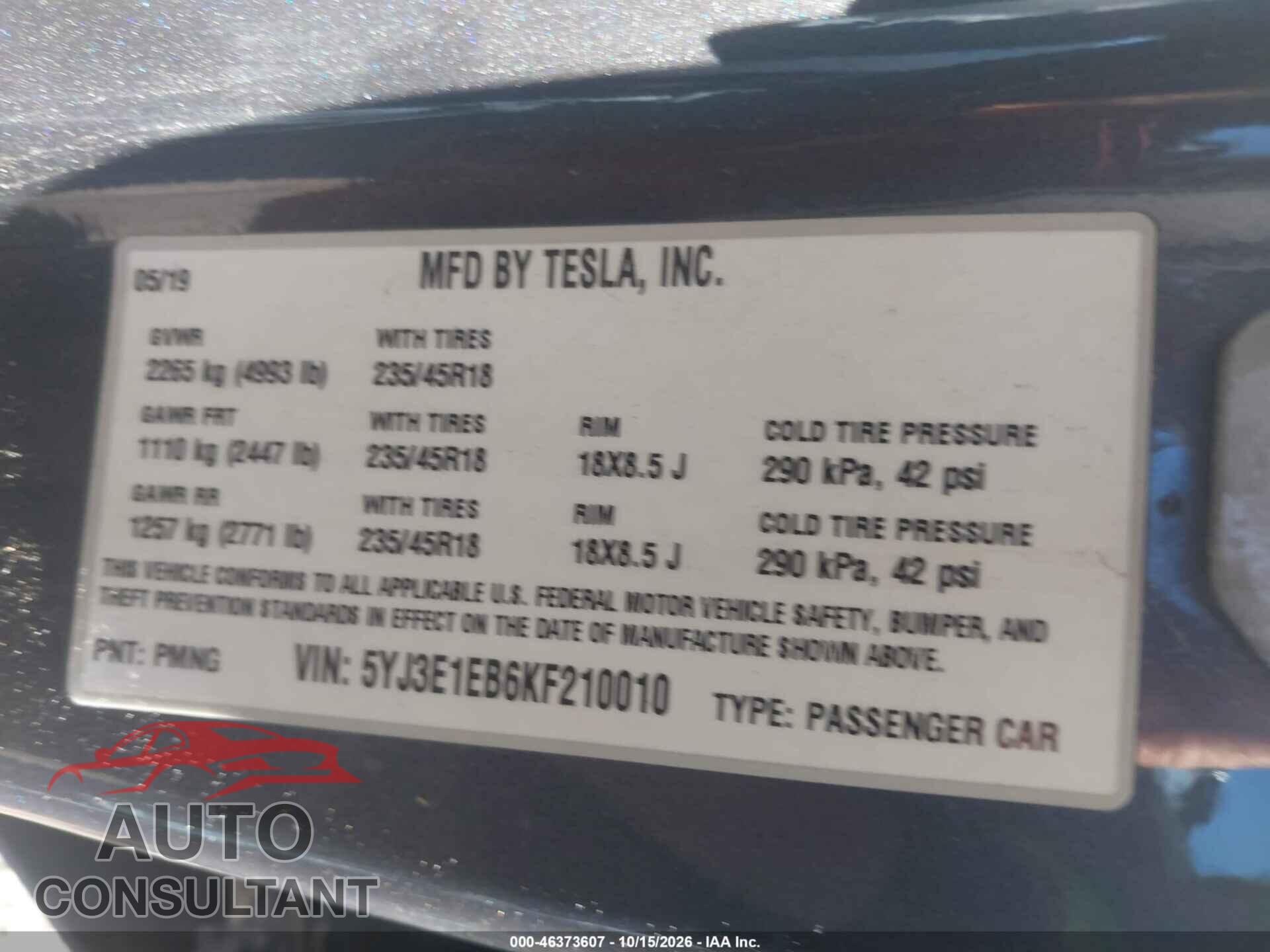TESLA MODEL 3 2019 - 5YJ3E1EB6KF210010