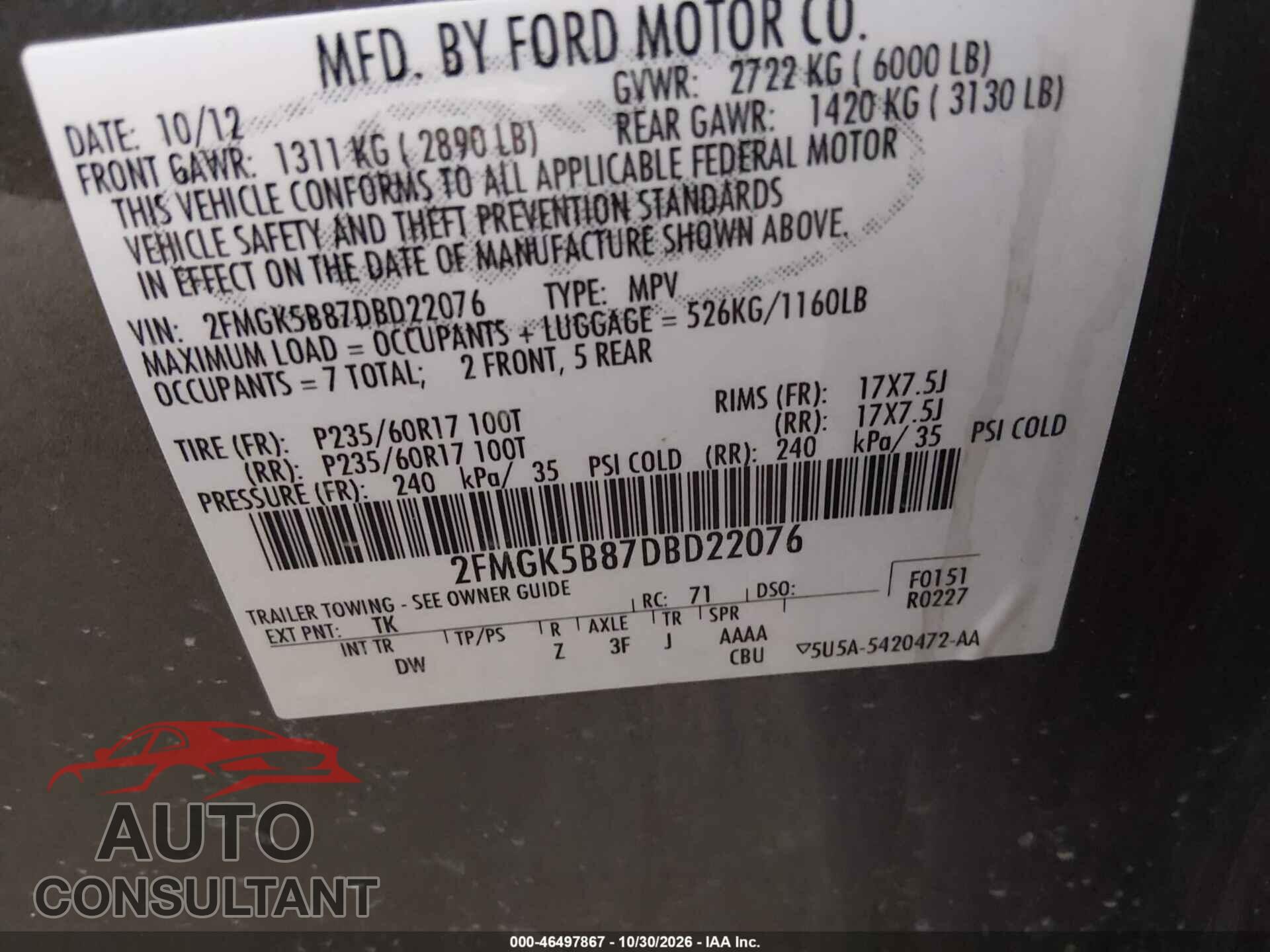 FORD FLEX 2013 - 2FMGK5B87DBD22076