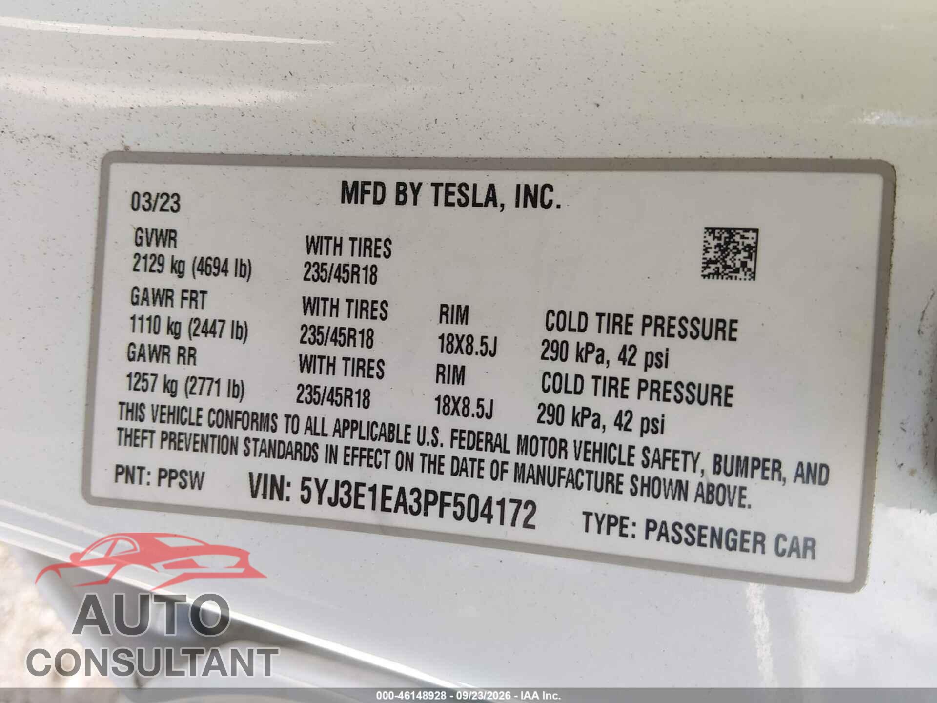 TESLA MODEL 3 2023 - 5YJ3E1EA3PF504172