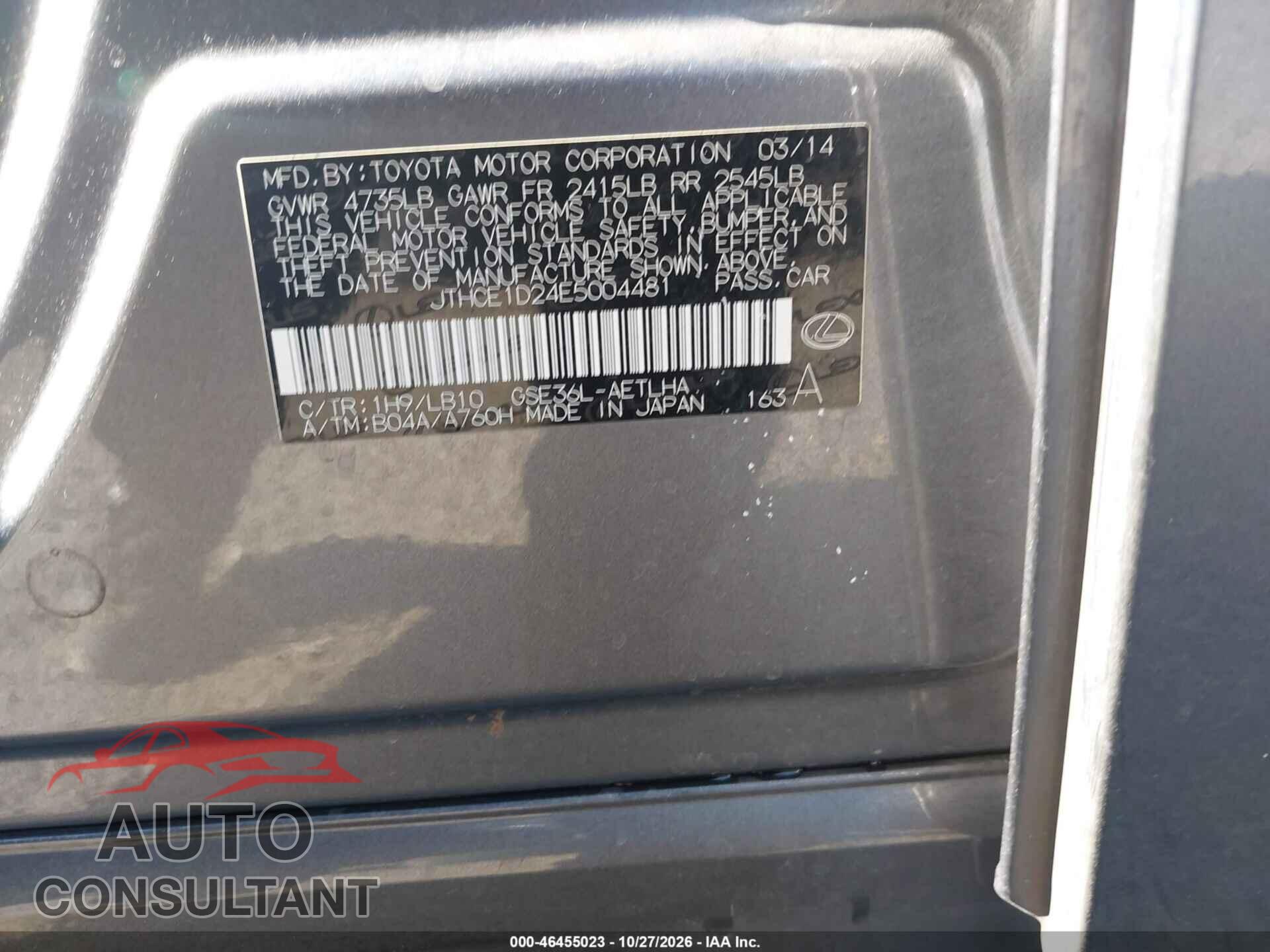 LEXUS IS 350 2014 - JTHCE1D24E5004481