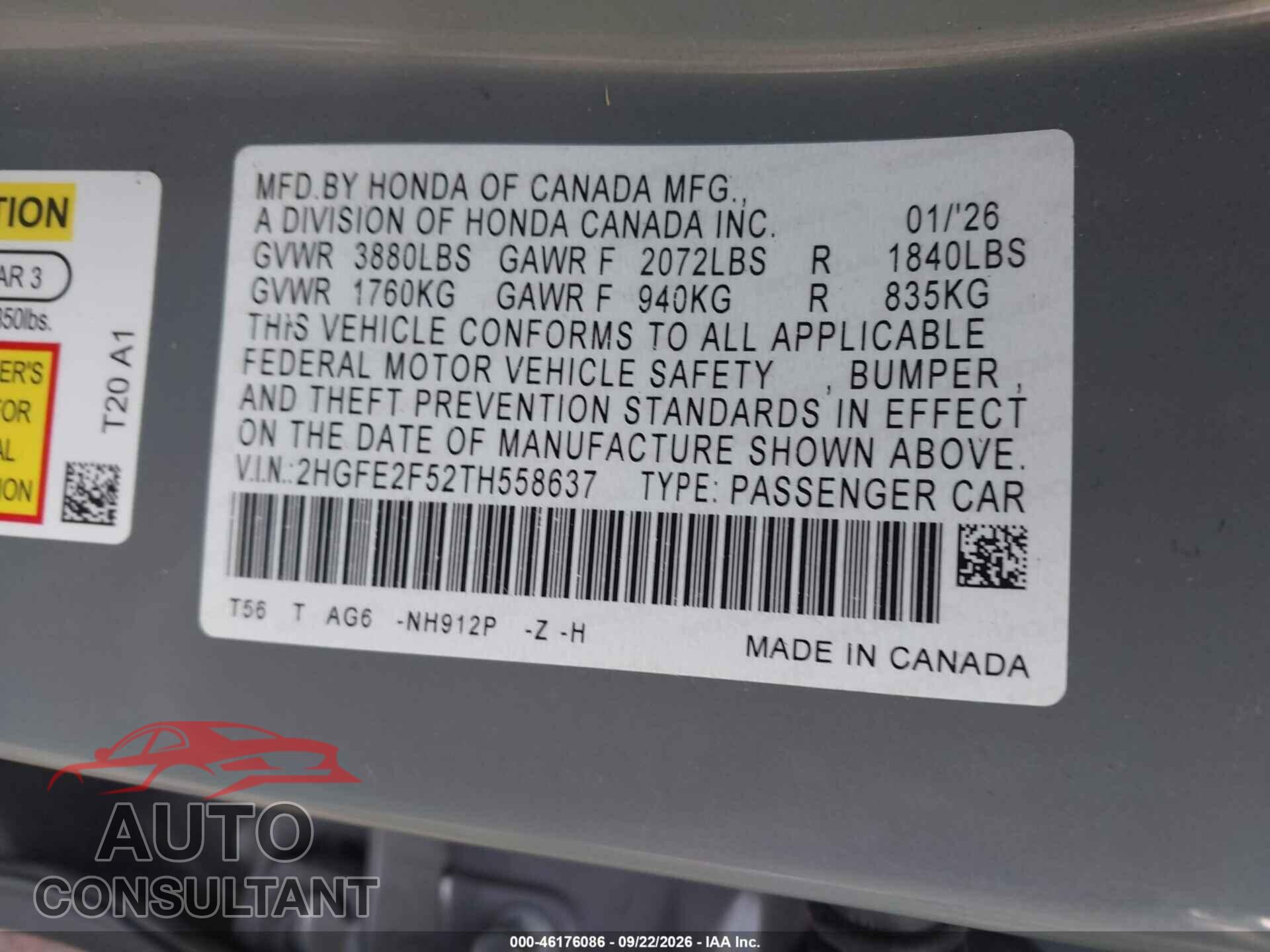 HONDA CIVIC 2026 - 2HGFE2F52TH558637