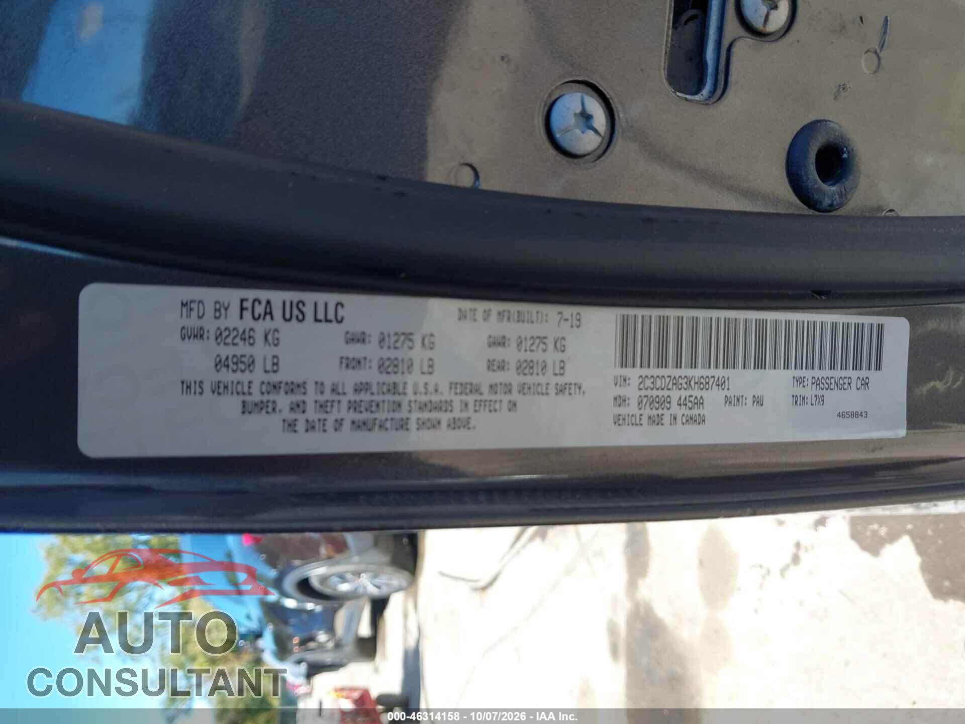 DODGE CHALLENGER 2019 - 2C3CDZAG3KH687401