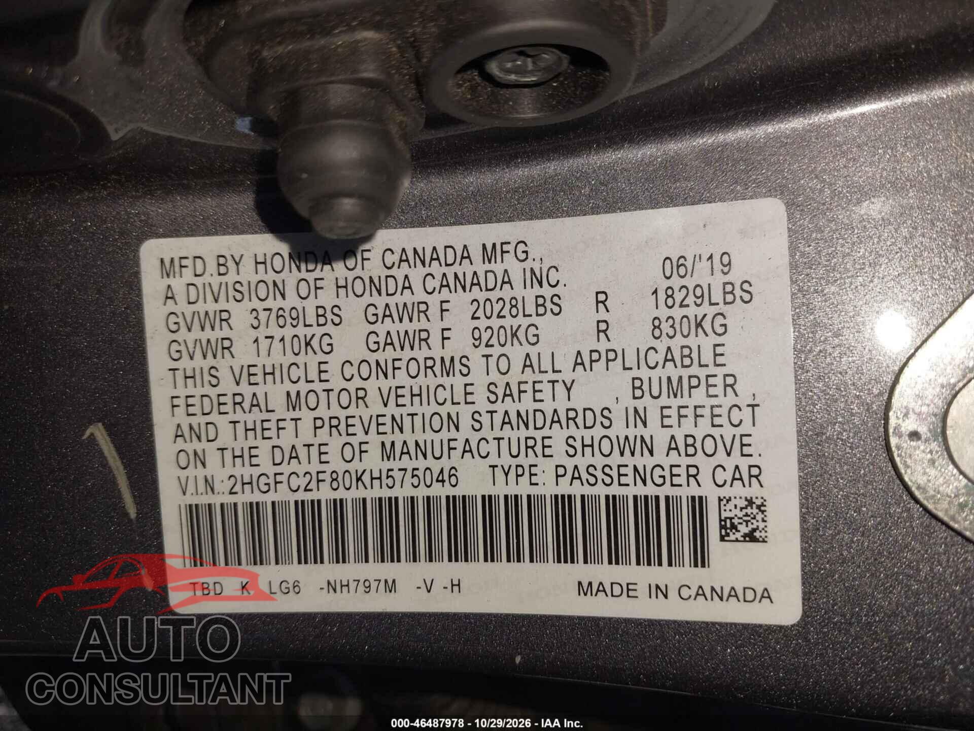 HONDA CIVIC 2019 - 2HGFC2F80KH575046