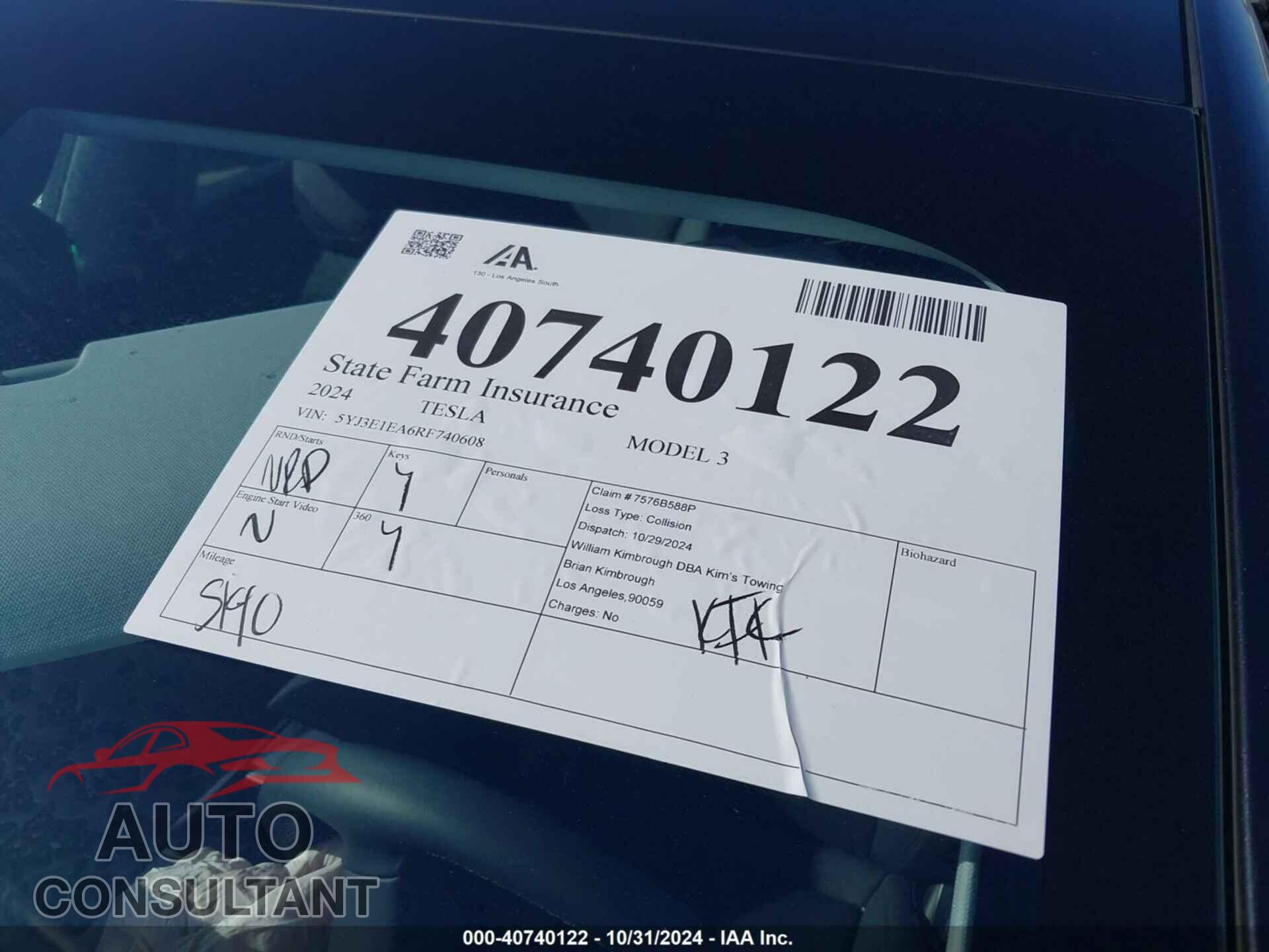 TESLA MODEL 3 2024 - 5YJ3E1EA6RF740608