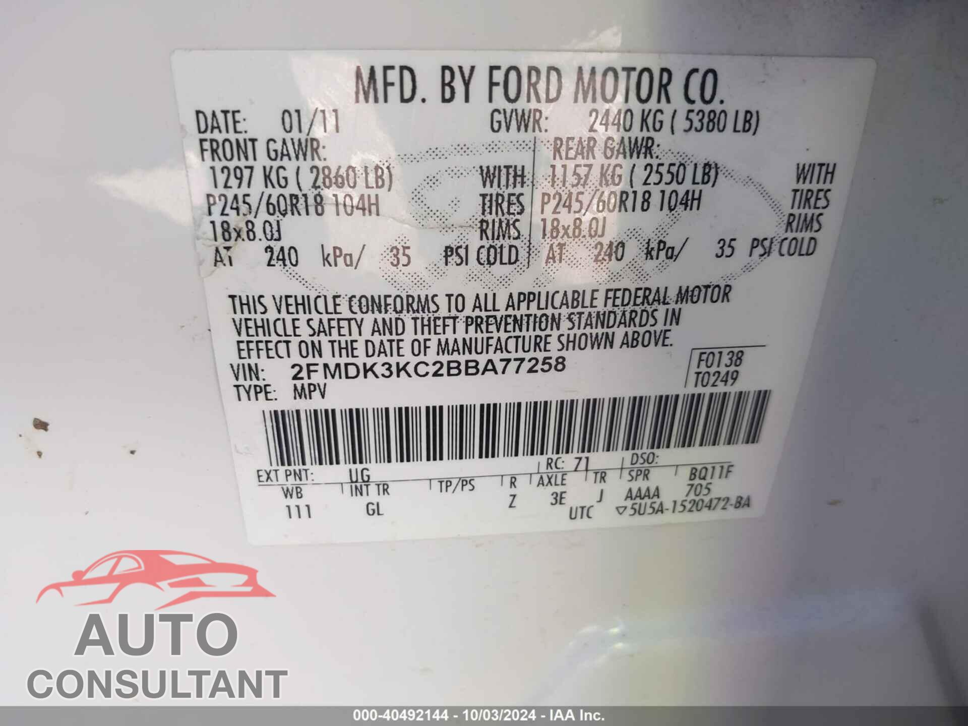 FORD EDGE 2011 - 2FMDK3KC2BBA77258
