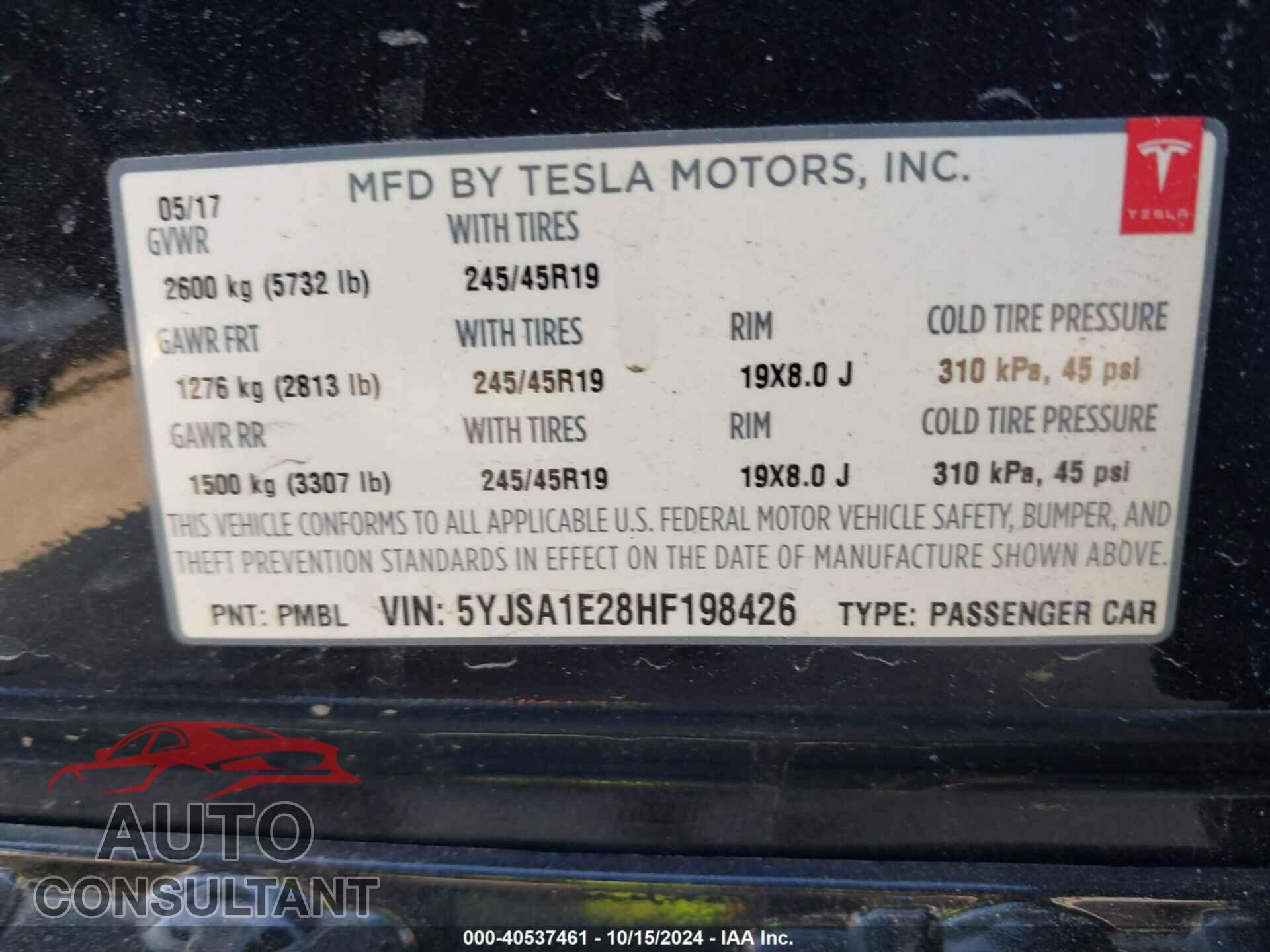 TESLA MODEL S 2017 - 5YJSA1E28HF198426