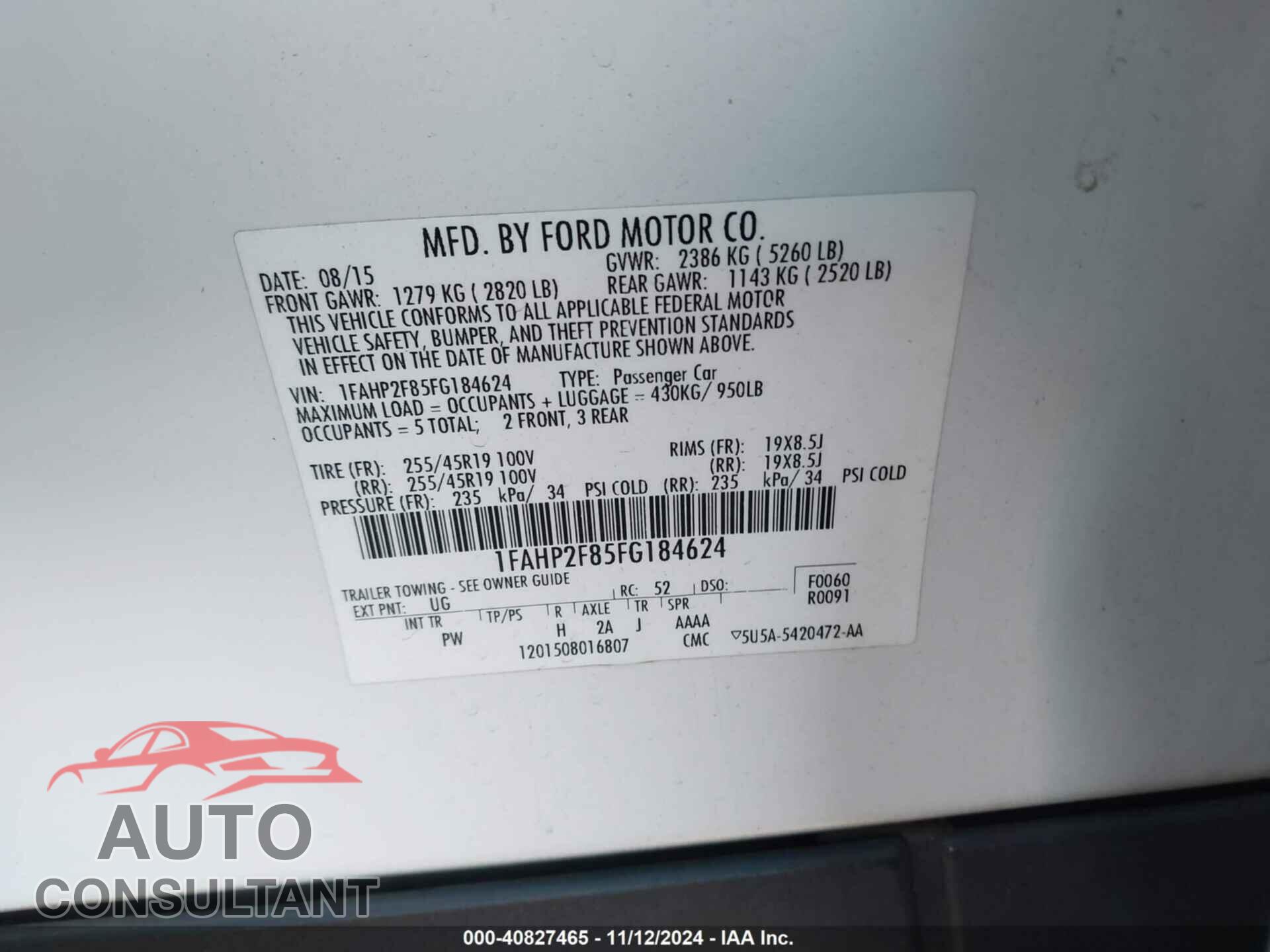 FORD TAURUS 2015 - 1FAHP2F85FG184624