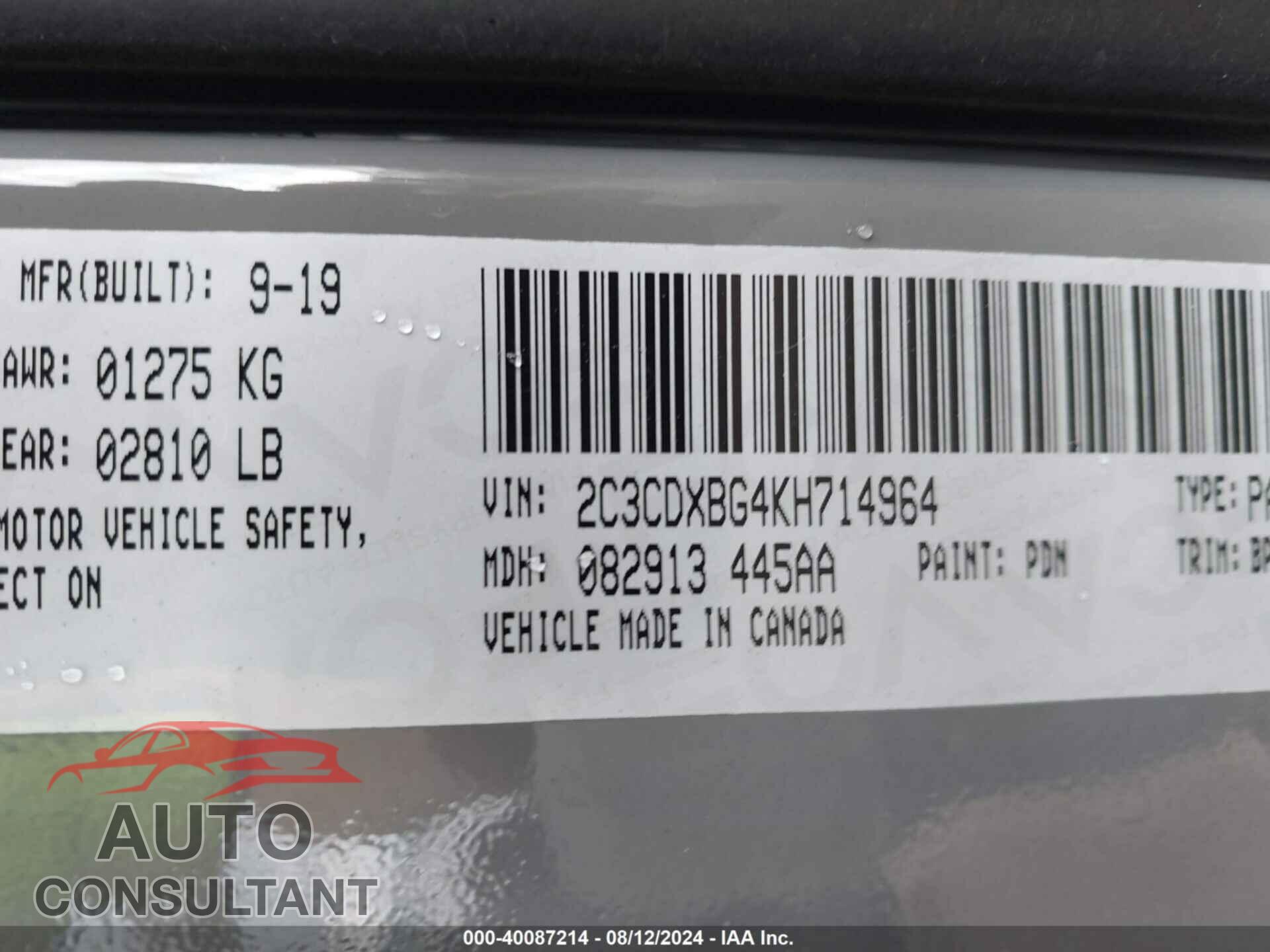 DODGE CHARGER 2019 - 2C3CDXBG4KH714964